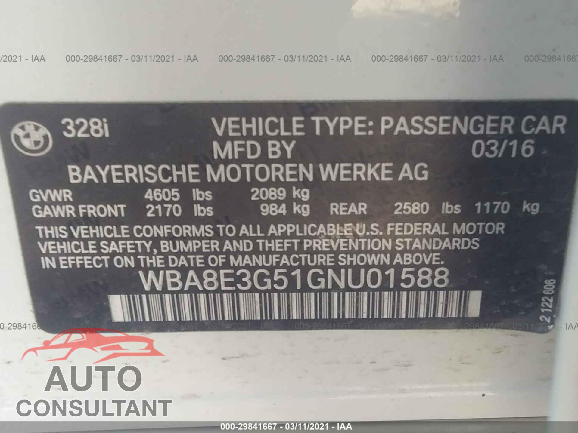 BMW 3 SERIES 2016 - WBA8E3G51GNU01588