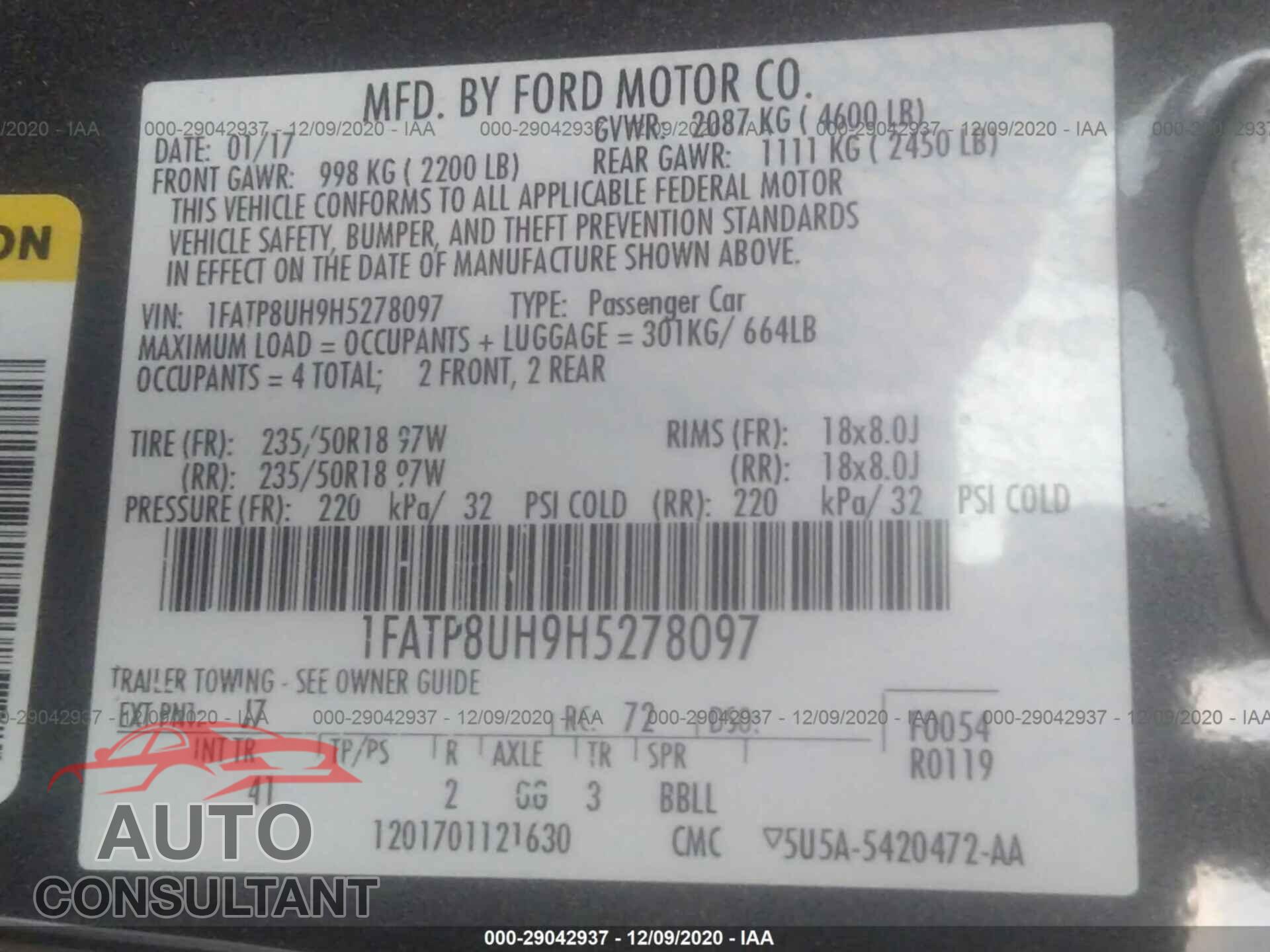FORD MUSTANG 2017 - 1FATP8UH9H5278097