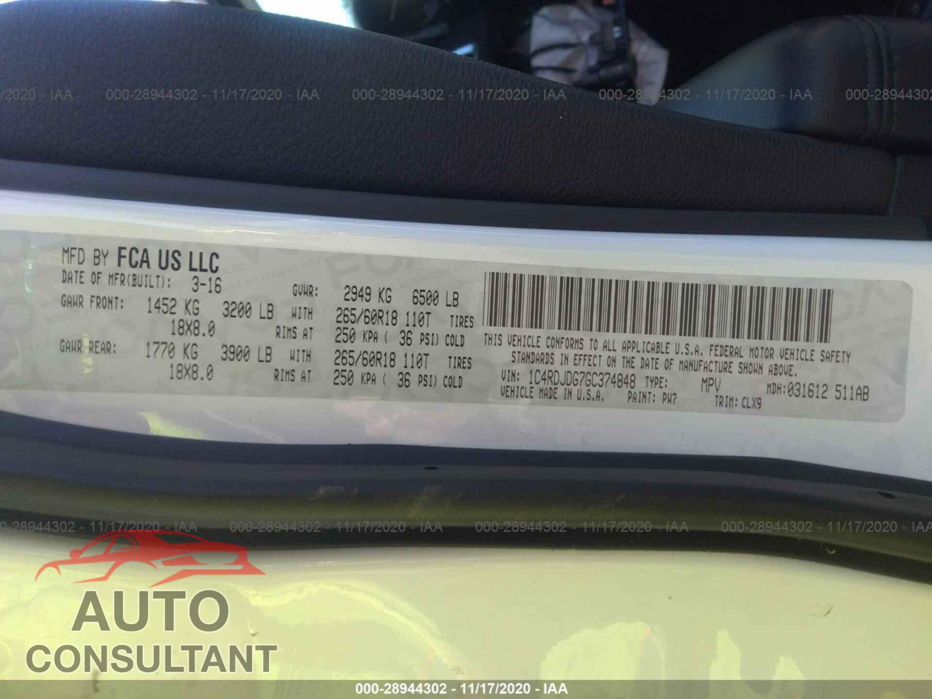 DODGE DURANGO 2016 - 1C4RDJDG7GC374848