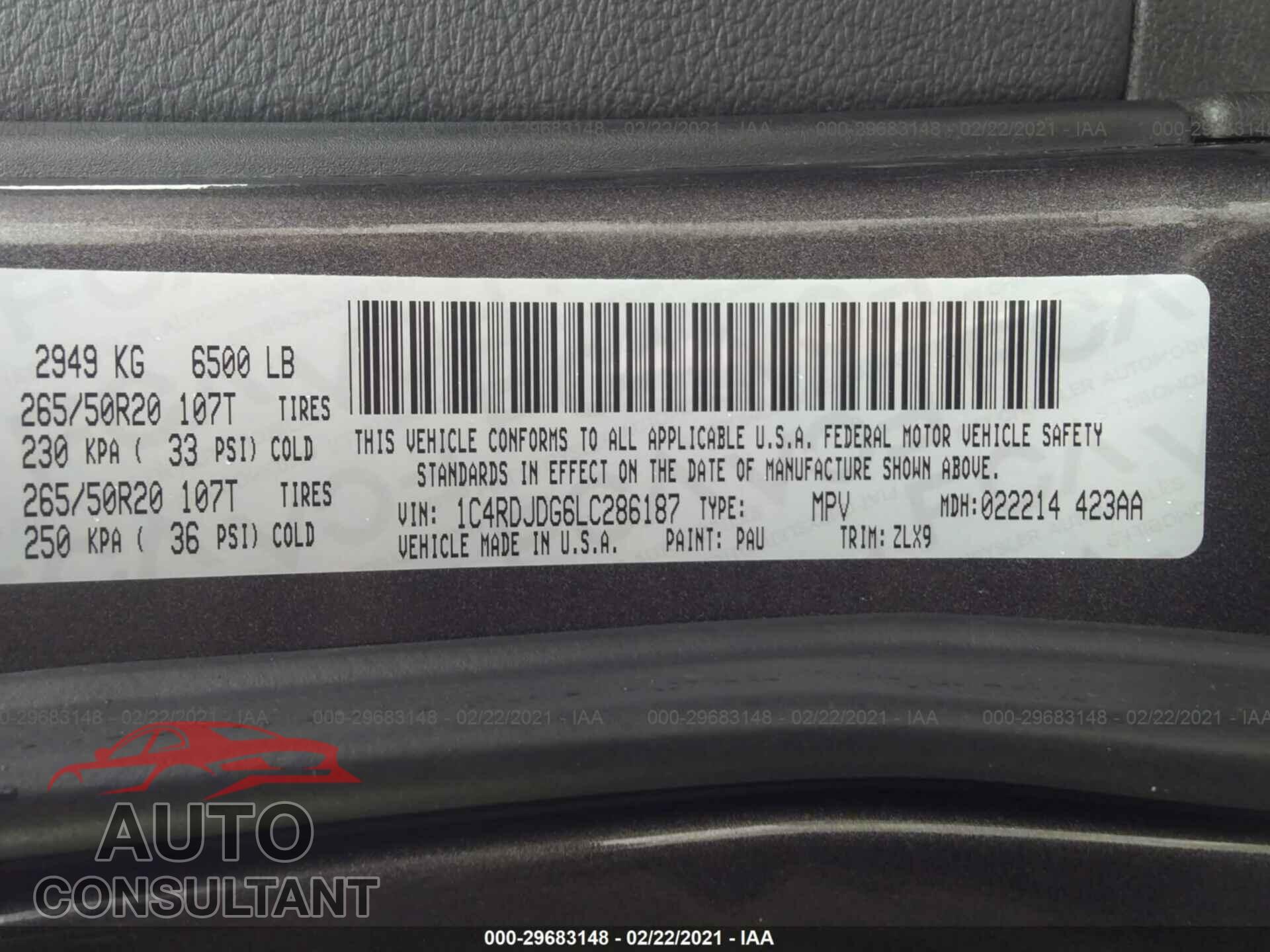 DODGE DURANGO 2020 - 1C4RDJDG6LC286187