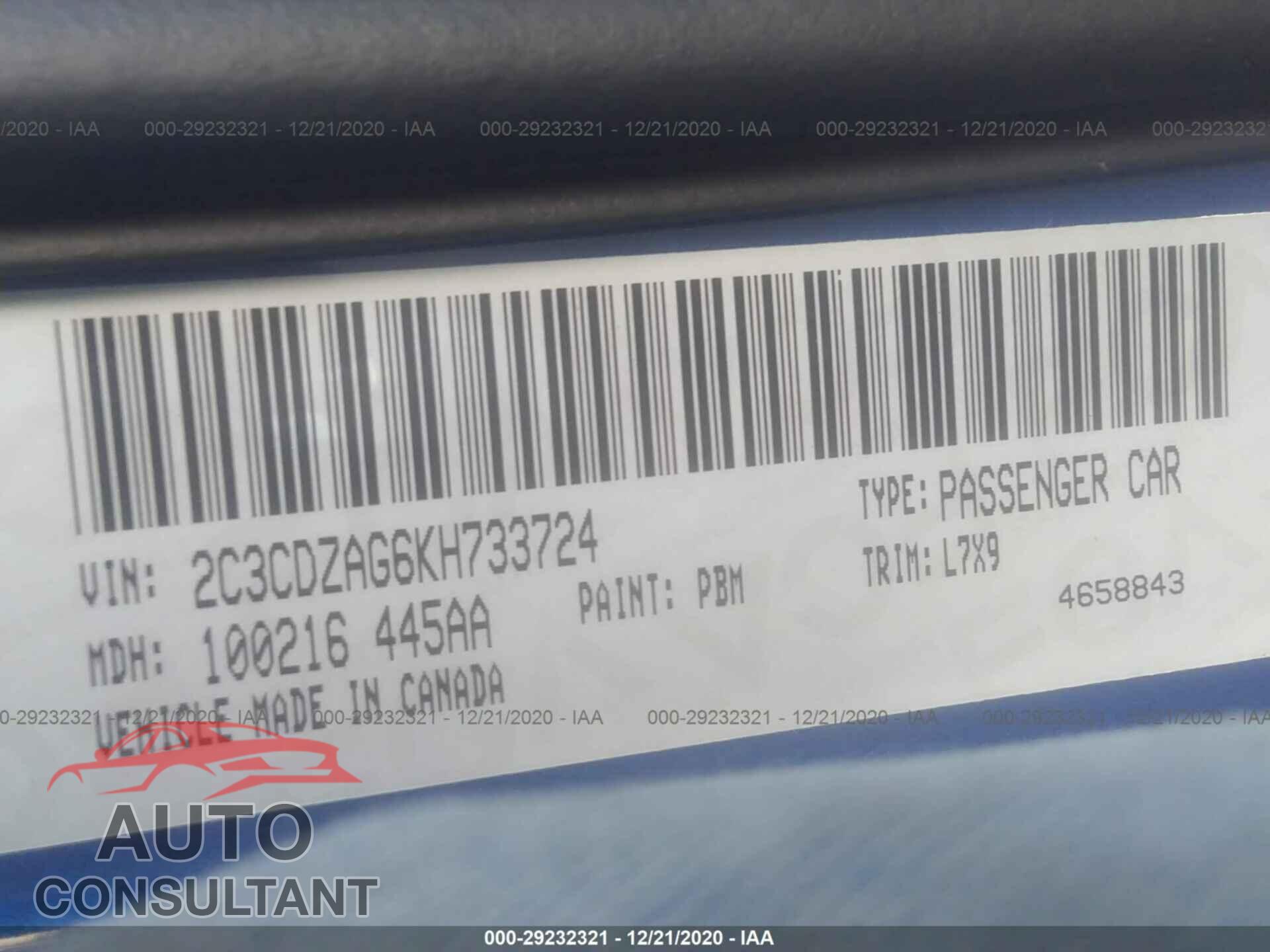 DODGE CHALLENGER 2019 - 2C3CDZAG6KH733724