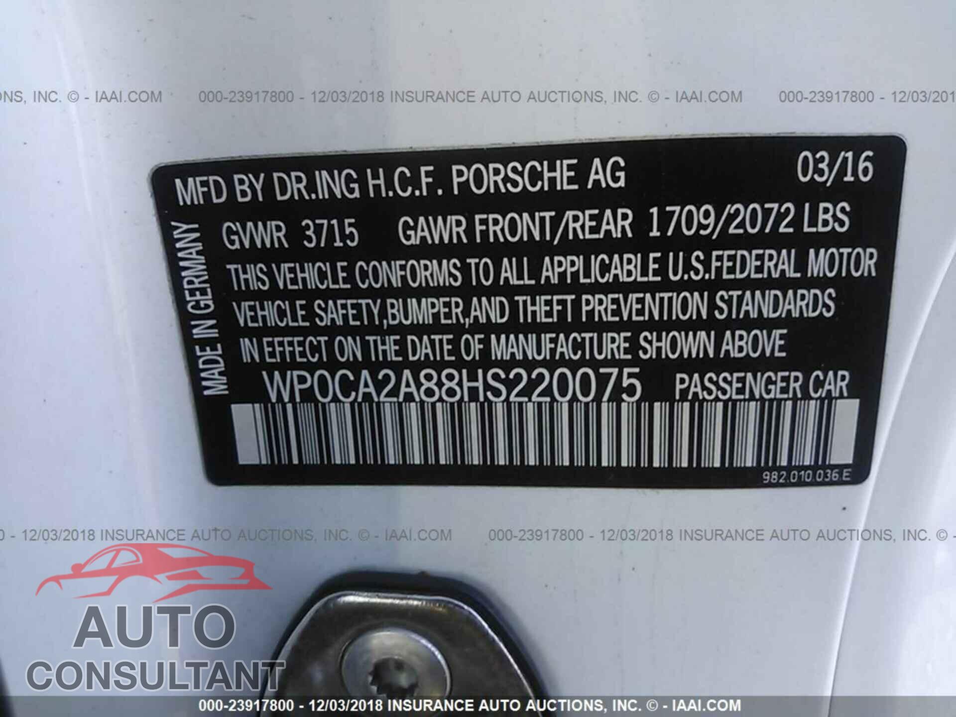 PORSCHE BOXSTER 2017 - WP0CA2A88HS220075