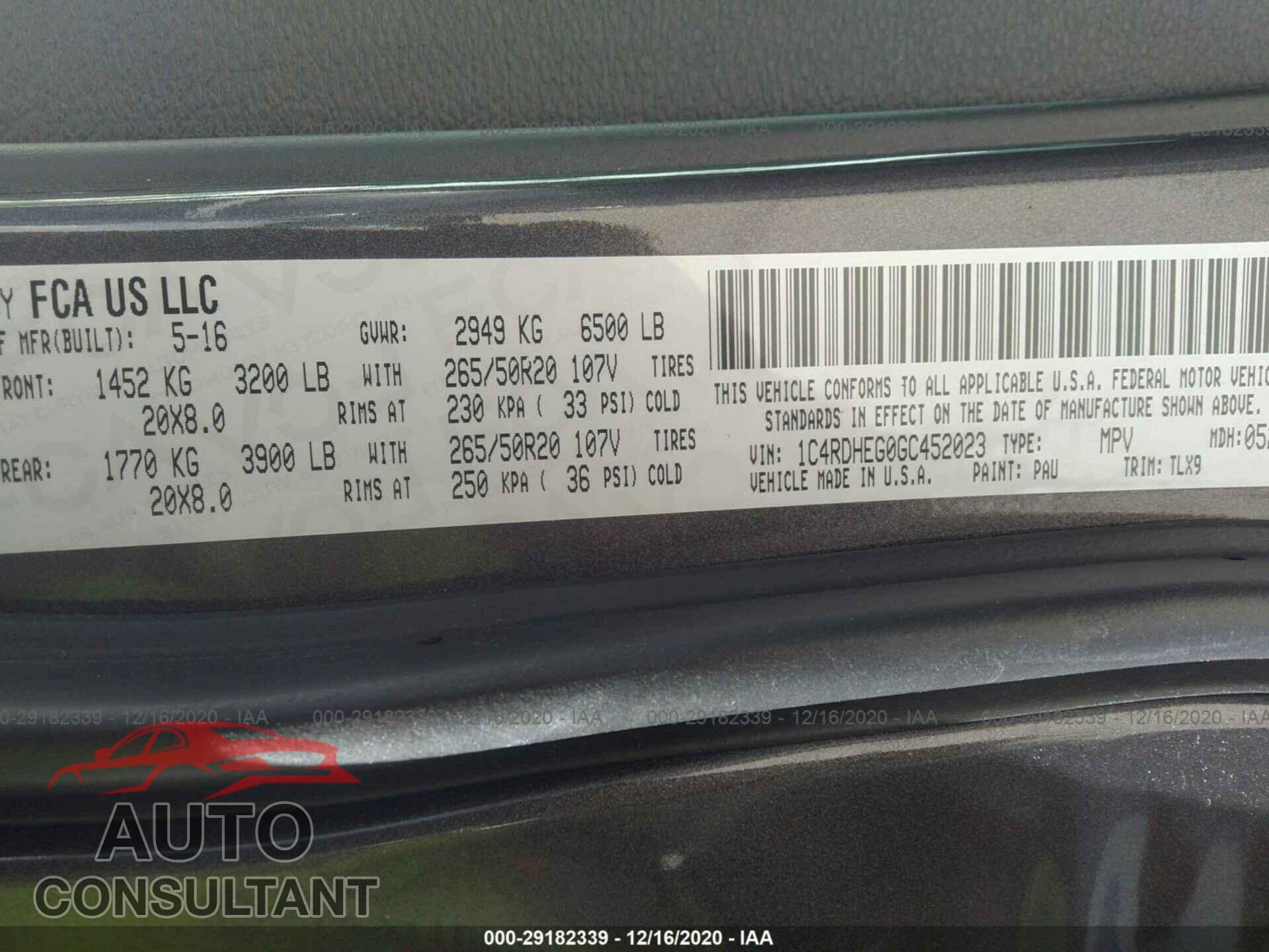 DODGE DURANGO 2016 - 1C4RDHEG0GC452023