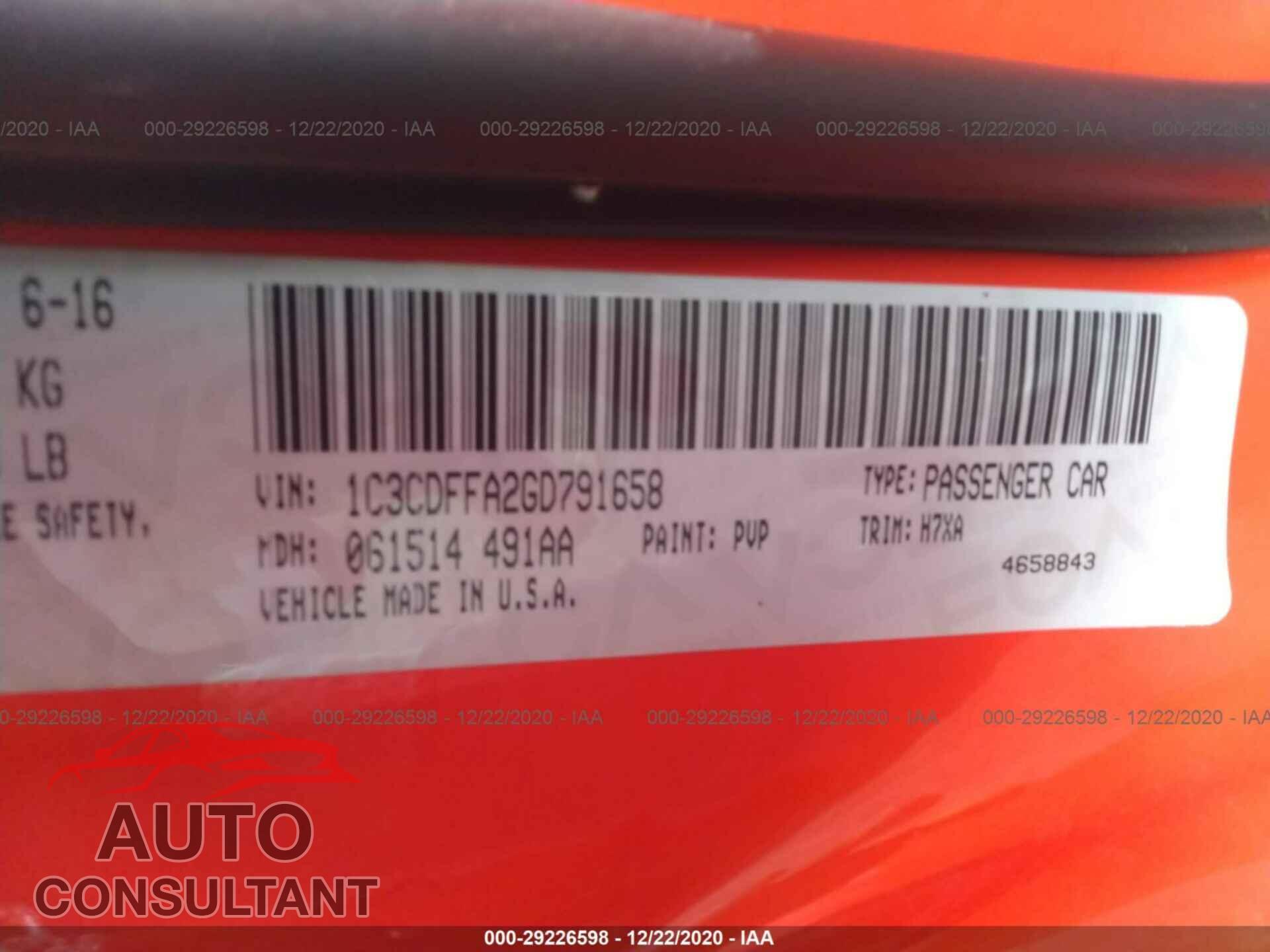 DODGE DART 2016 - 1C3CDFFA2GD791658