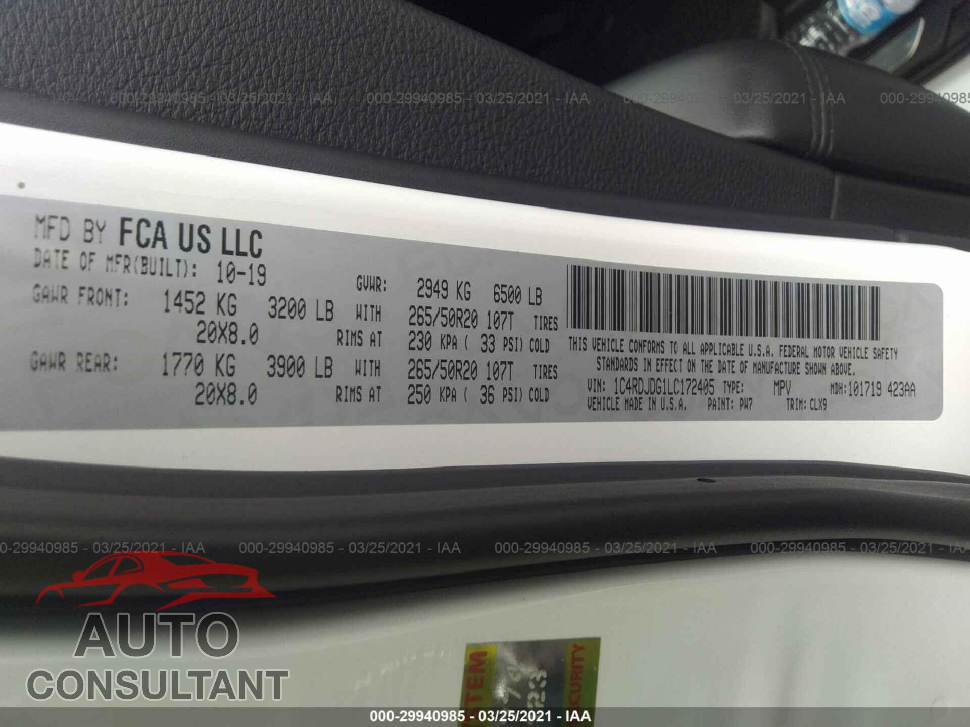 DODGE DURANGO 2020 - 1C4RDJDG1LC172405