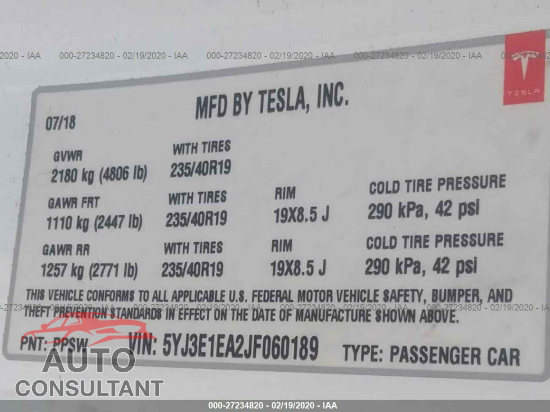 TESLA MODEL 3 2018 - 5YJ3E1EA2JF060189