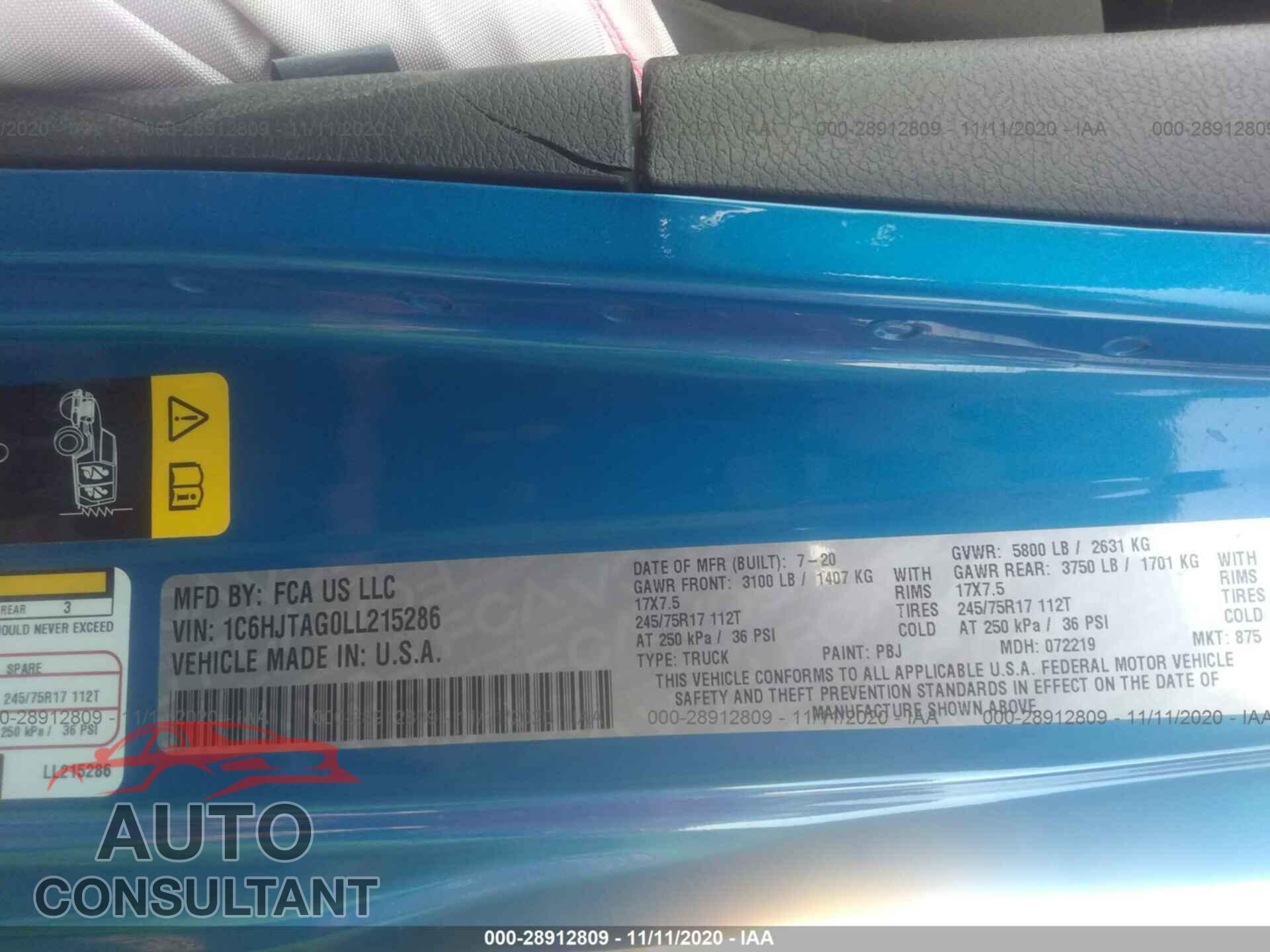 JEEP GLADIATOR 2020 - 1C6HJTAG0LL215286