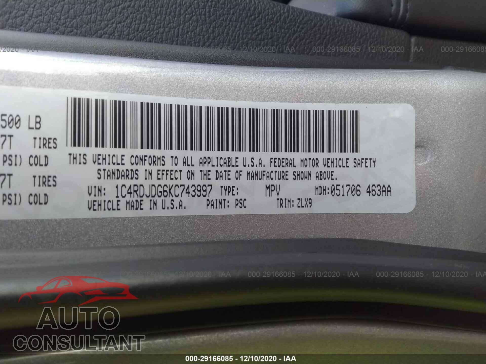 DODGE DURANGO 2019 - 1C4RDJDG6KC743997