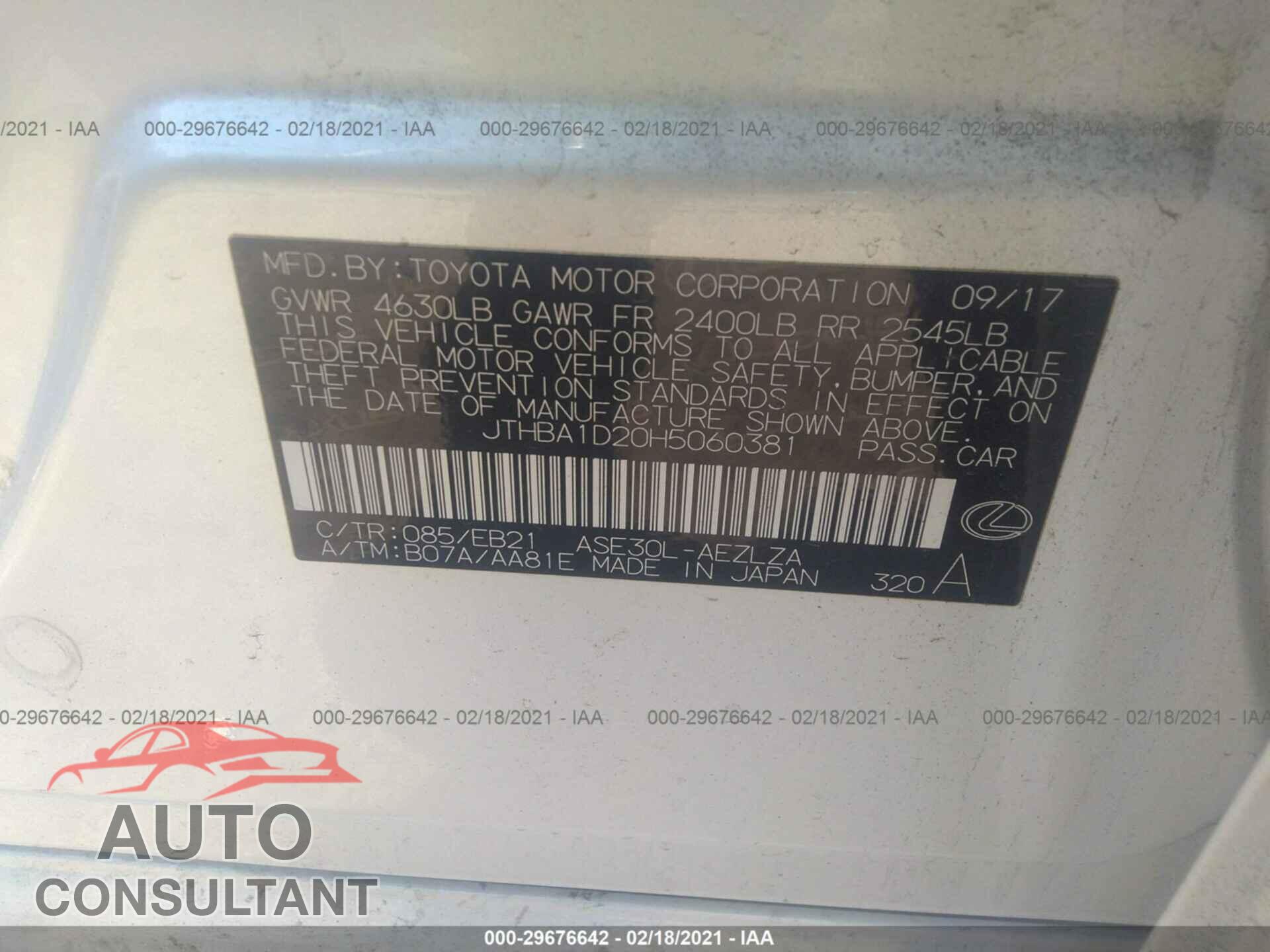 LEXUS IS 2017 - JTHBA1D20H5060381