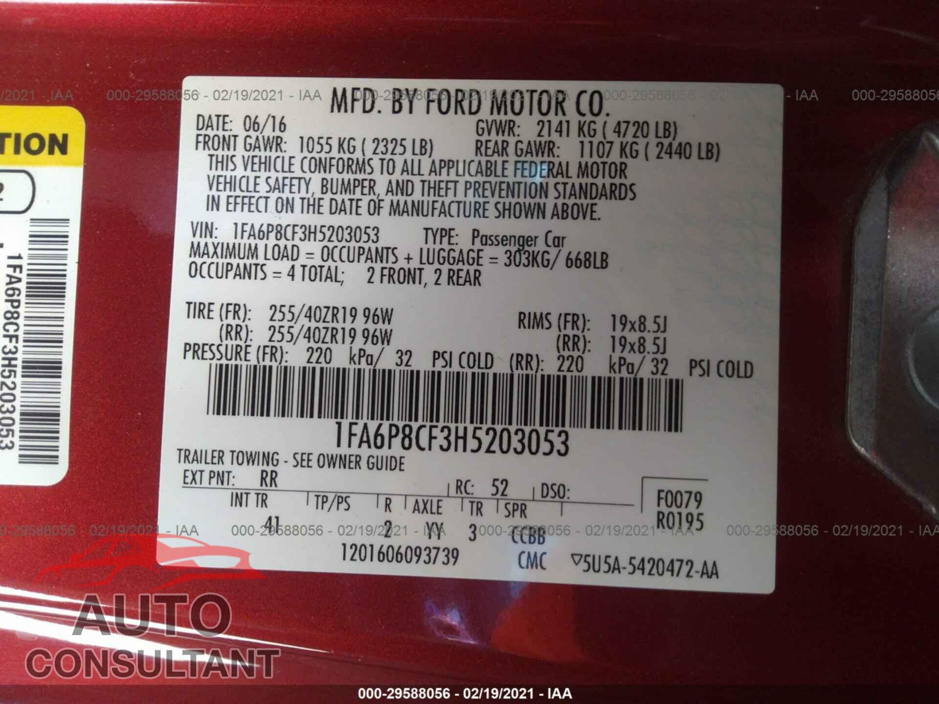 FORD MUSTANG 2017 - 1FA6P8CF3H5203053
