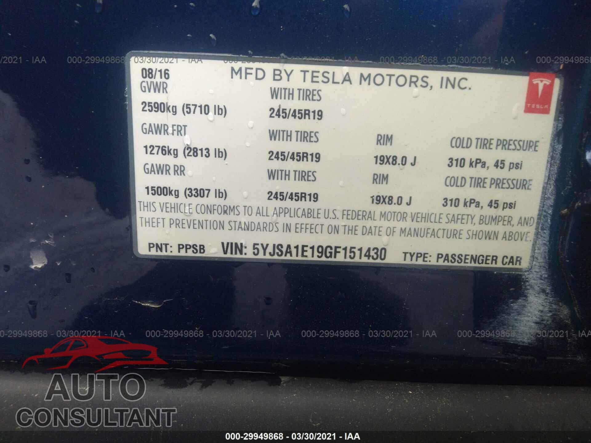 TESLA MODEL S 2016 - 5YJSA1E19GF151430