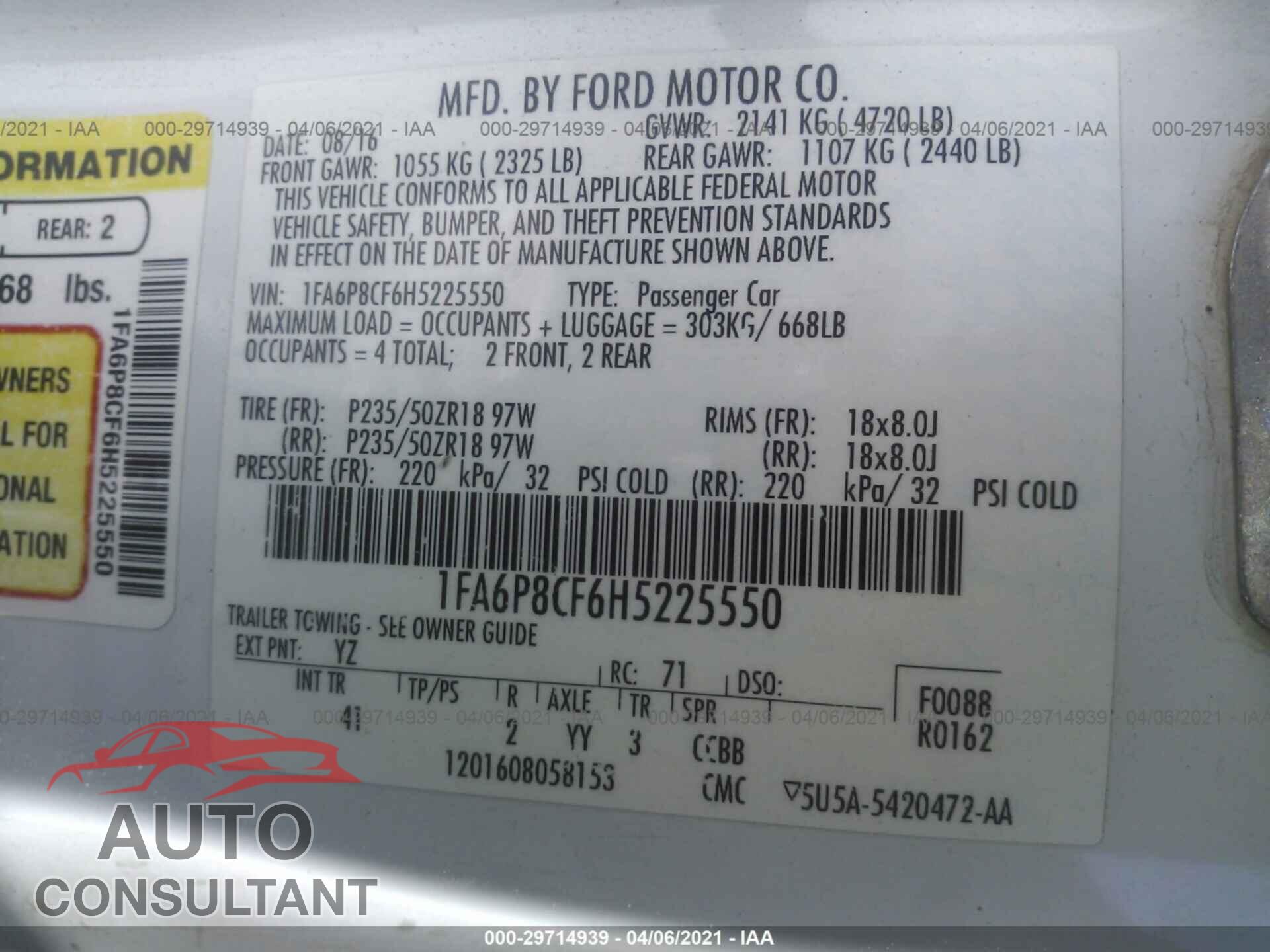 FORD MUSTANG 2017 - 1FA6P8CF6H5225550
