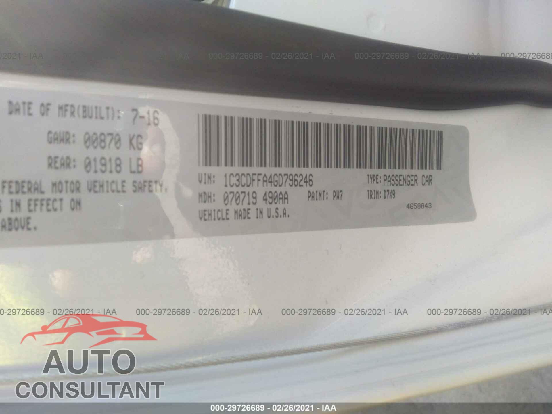 DODGE DART 2016 - 1C3CDFFA4GD796246