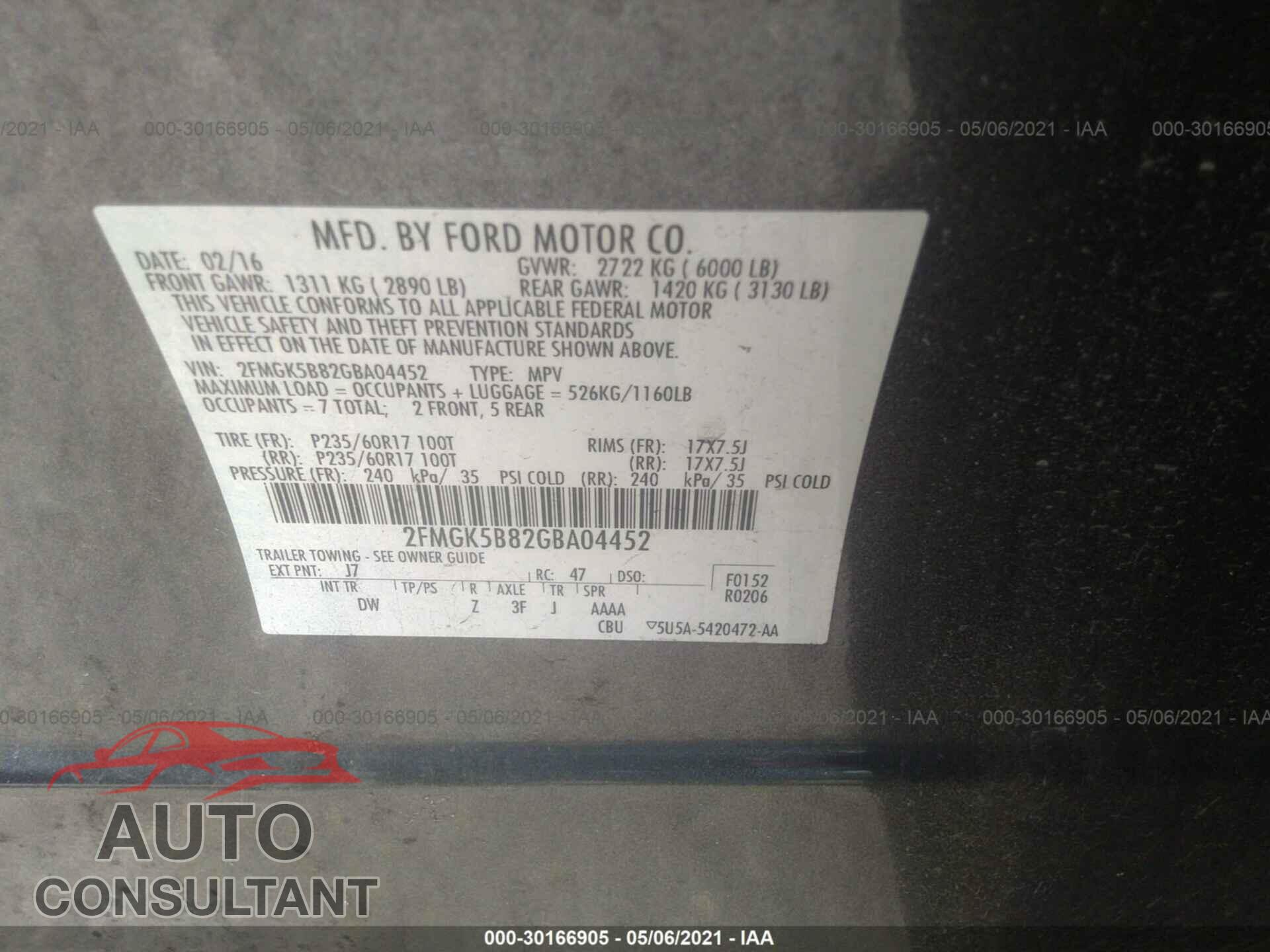 FORD FLEX 2016 - 2FMGK5B82GBA04452