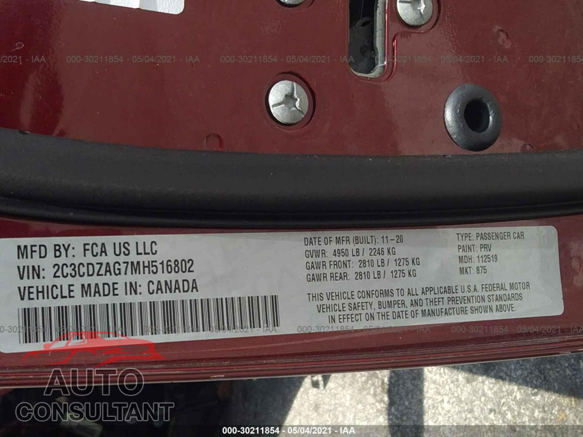 DODGE CHALLENGER 2021 - 2C3CDZAG7MH516802