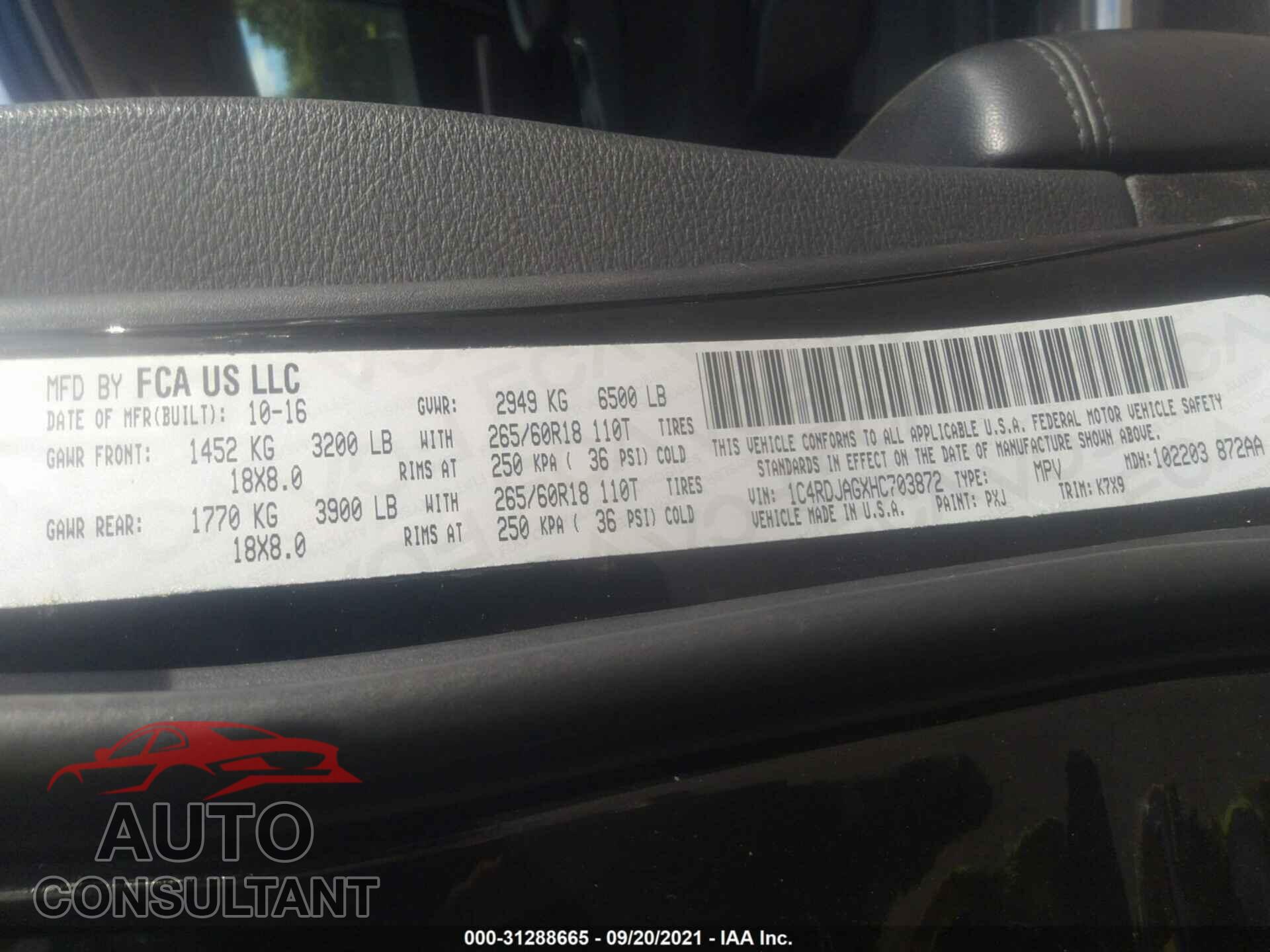 DODGE DURANGO 2017 - 1C4RDJAGXHC703872