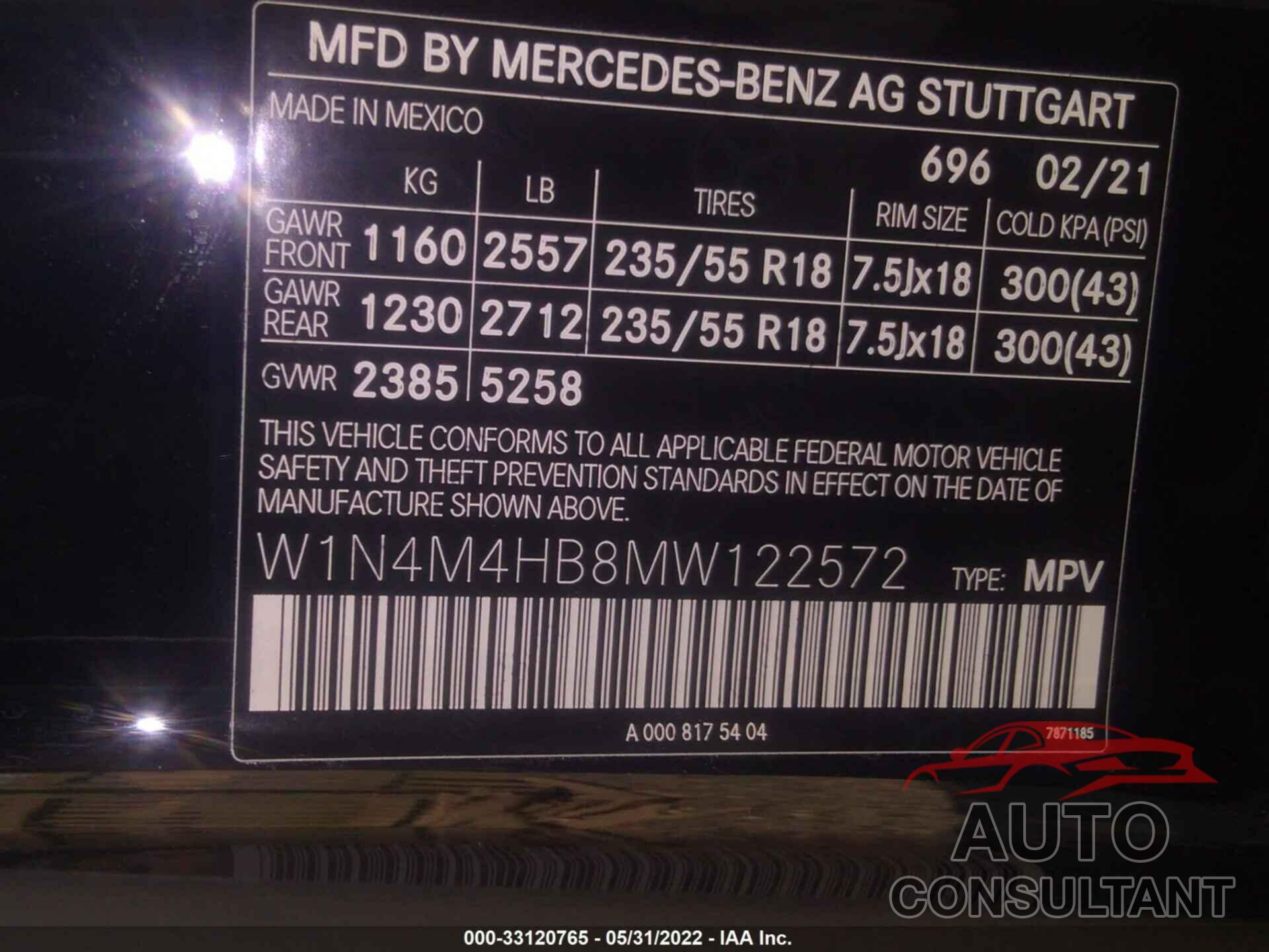 MERCEDES-BENZ GLB 2021 - W1N4M4HB8MW122572