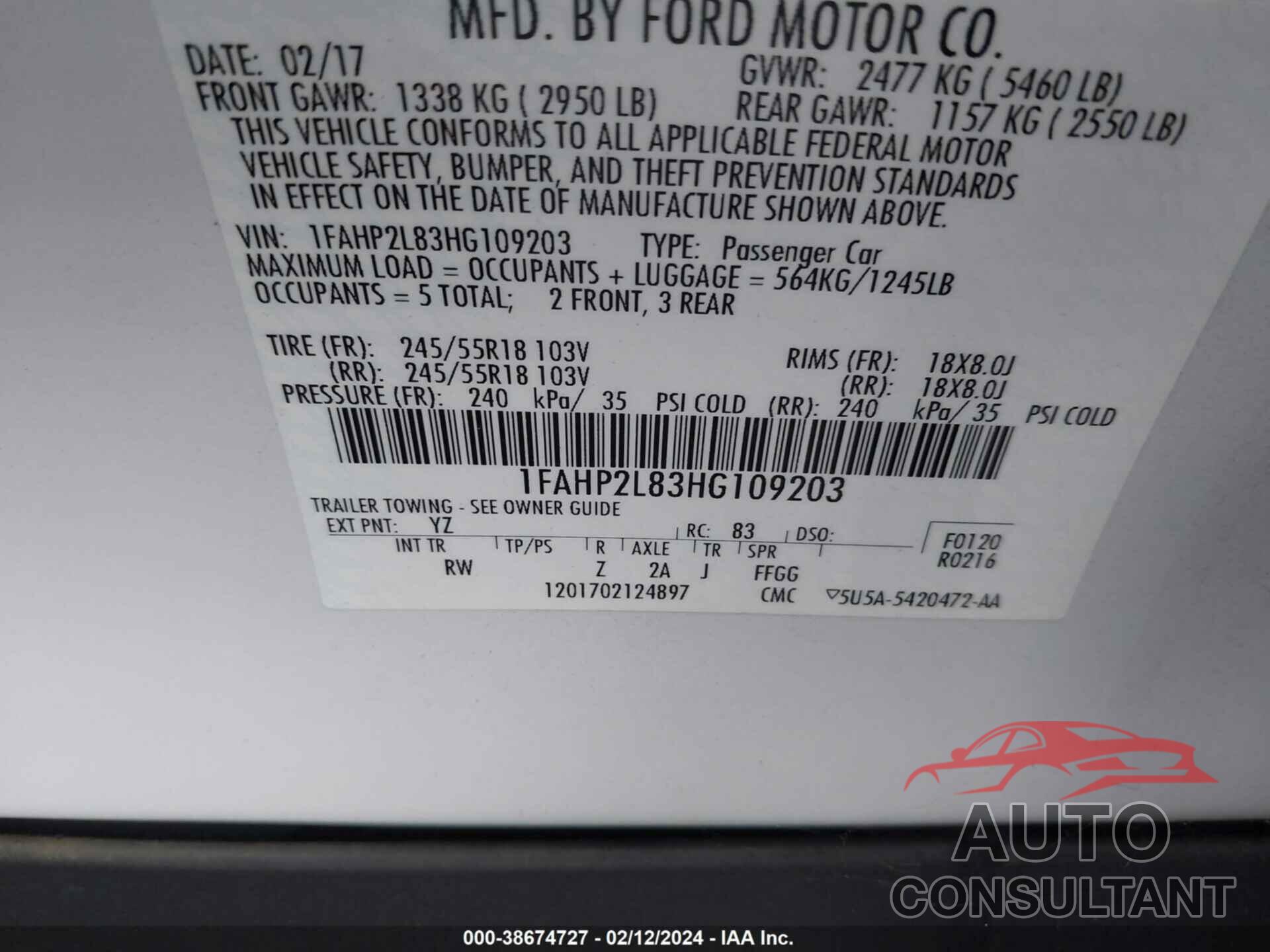 FORD TAURUS 2017 - 1FAHP2L83HG109203