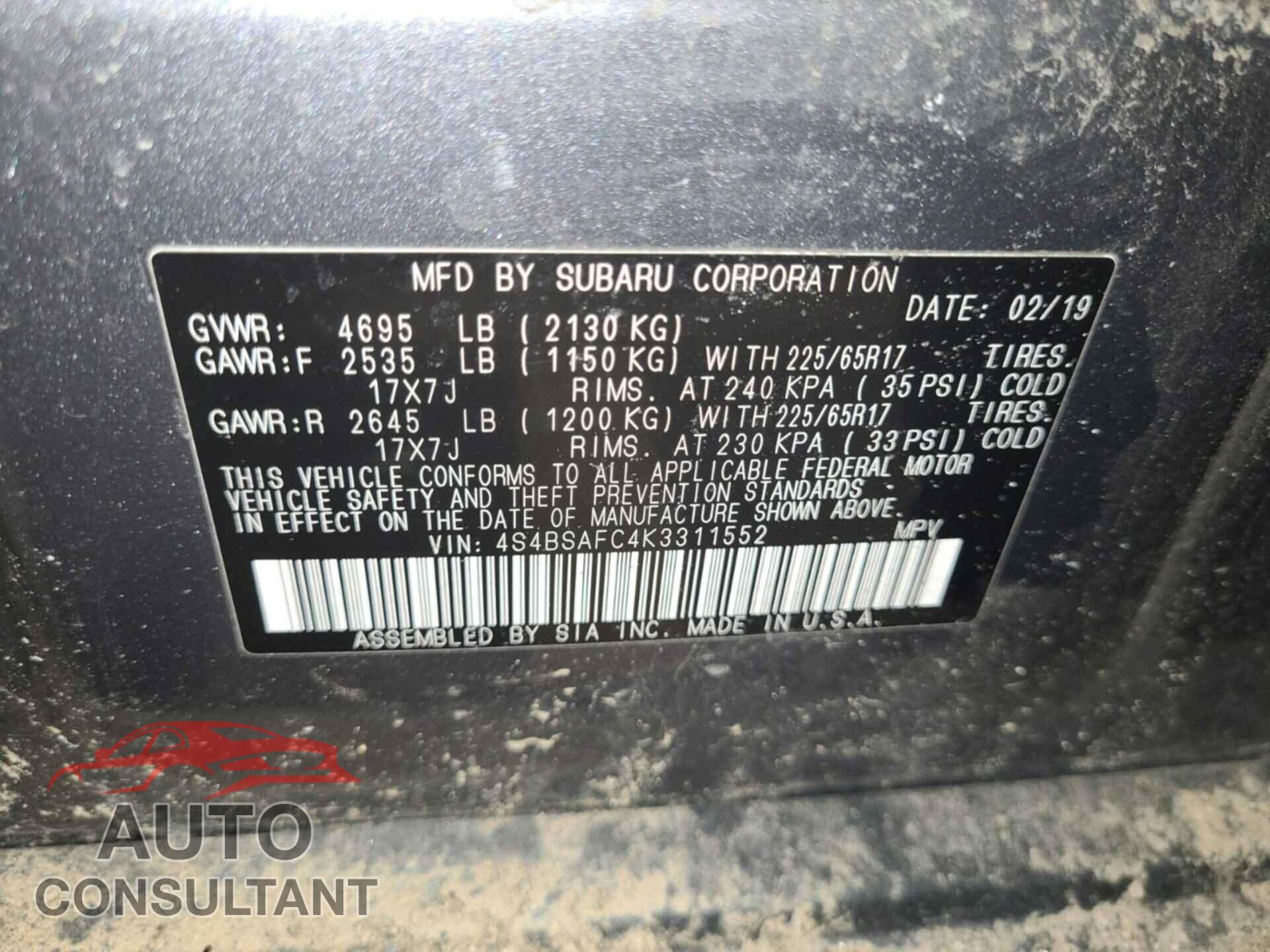 SUBARU OUTBACK 2019 - 4S4BSAFC4K3311552