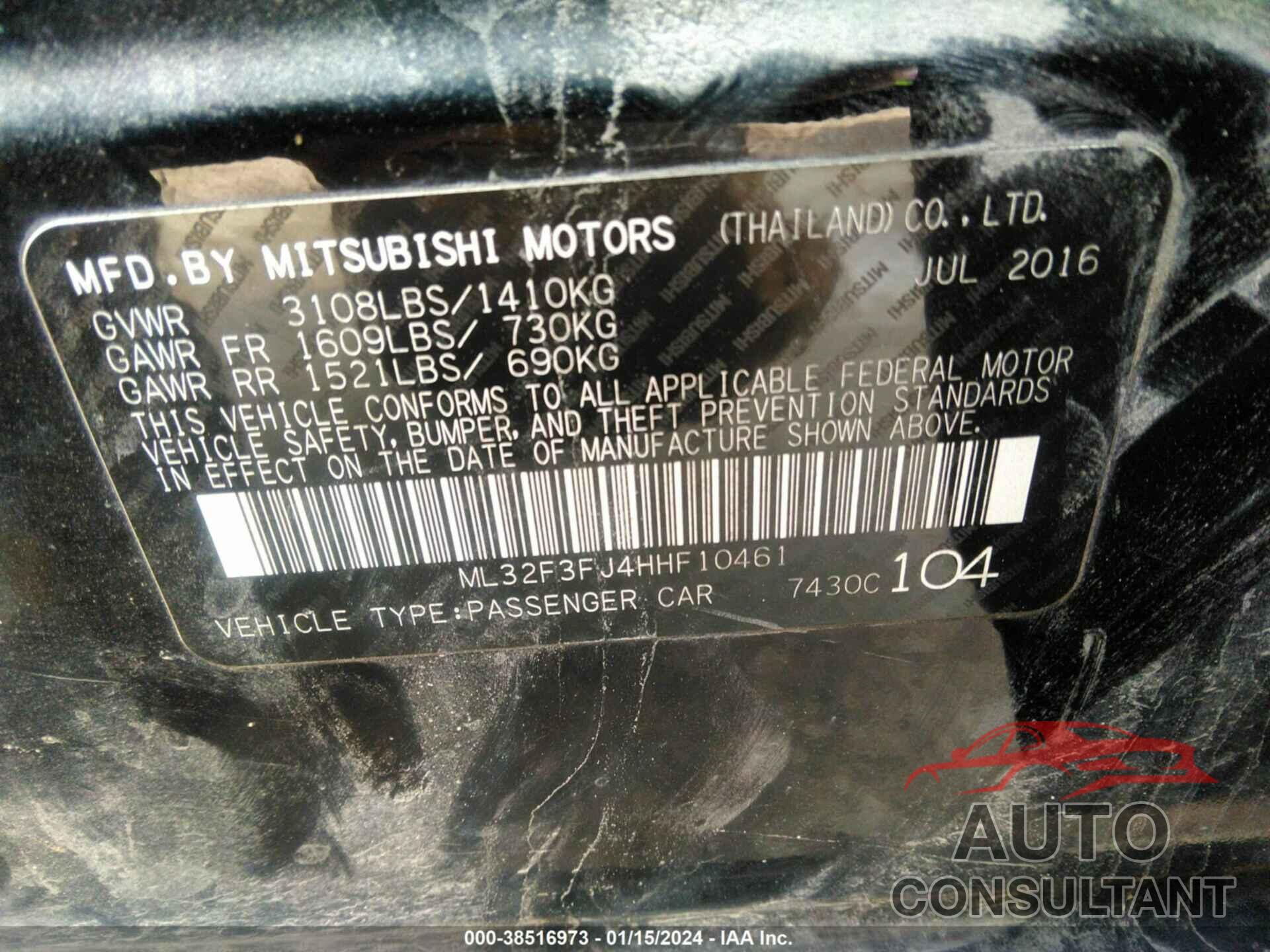 MITSUBISHI MIRAGE 2017 - ML32F3FJ4HHF10461