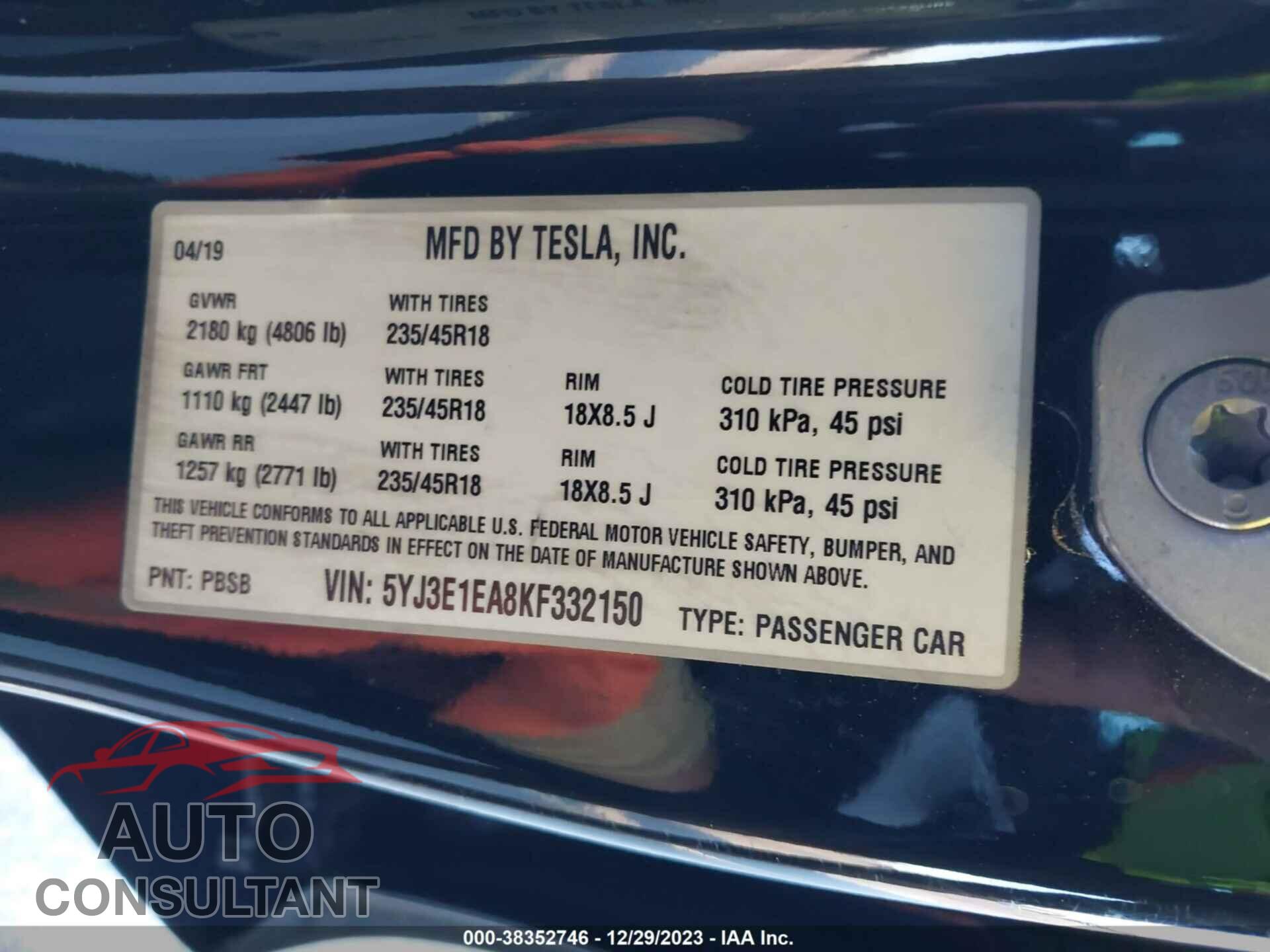 TESLA MODEL 3 2019 - 5YJ3E1EA8KF332150