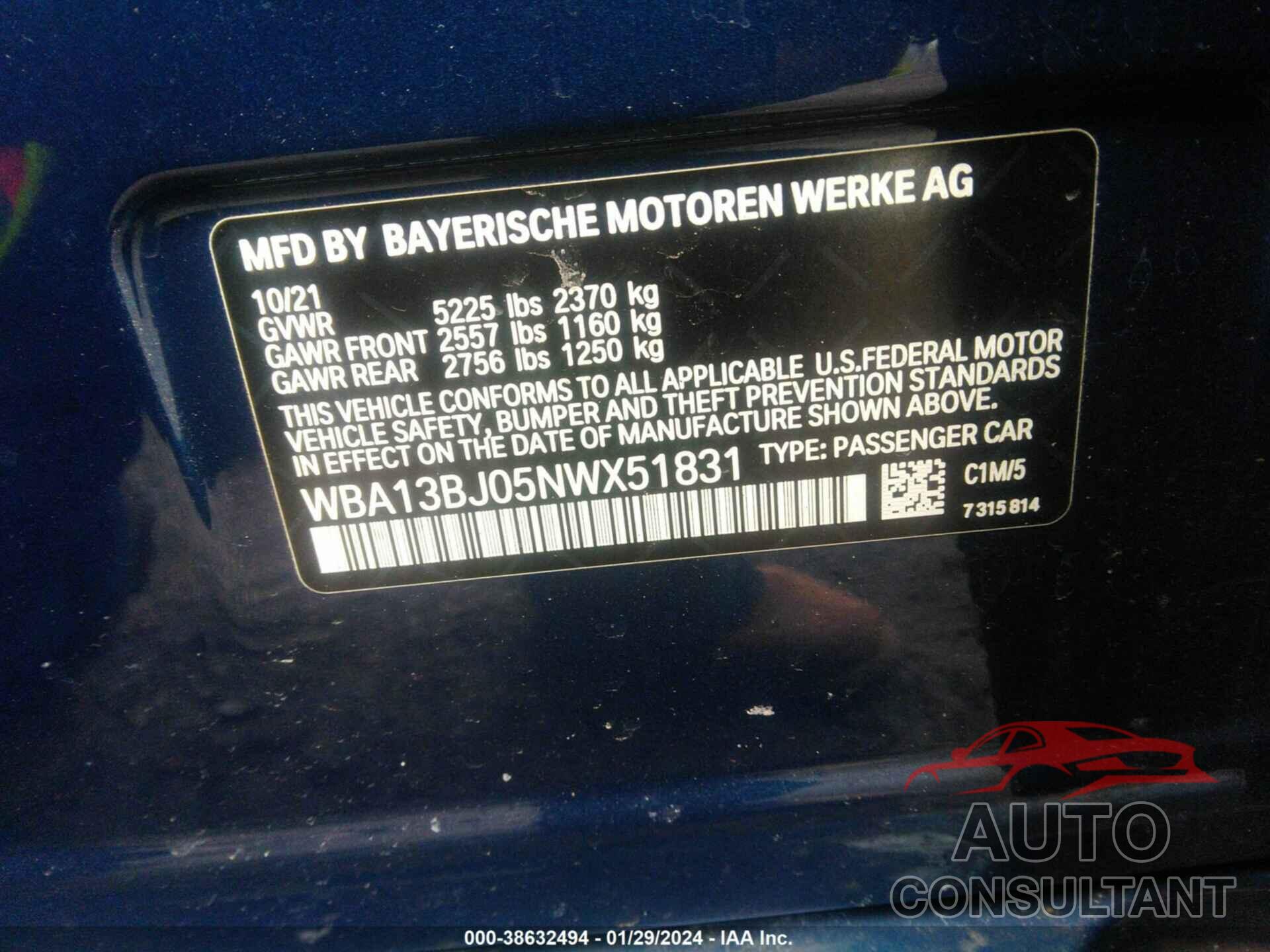 BMW 530I 2022 - WBA13BJ05NWX51831