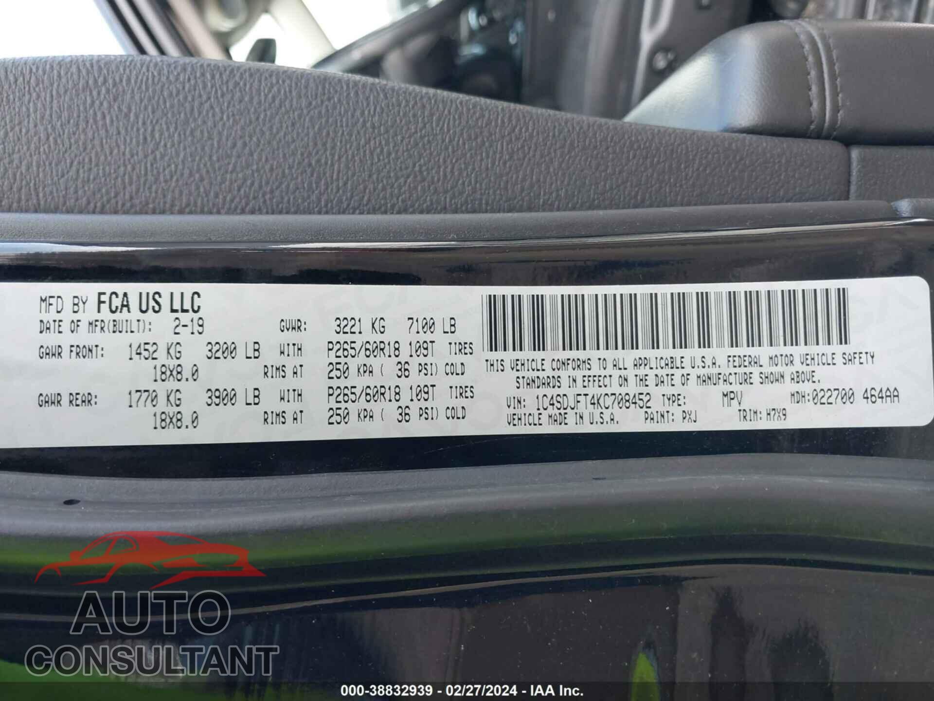 DODGE DURANGO 2019 - 1C4SDJFT4KC708452