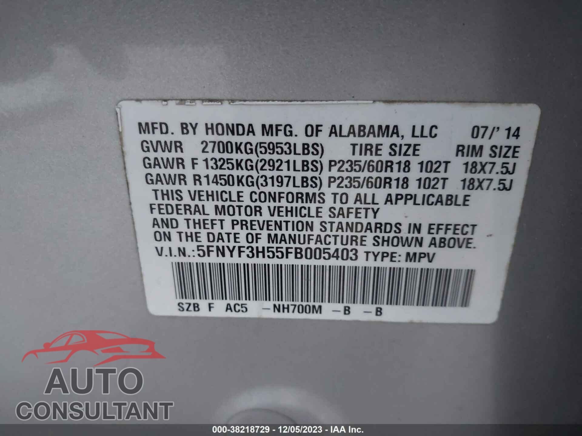HONDA PILOT 2015 - 5FNYF3H55FB005403