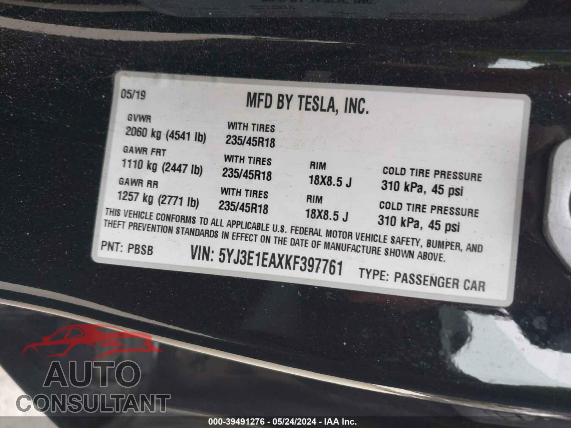 TESLA MODEL 3 2019 - 5YJ3E1EAXKF397761