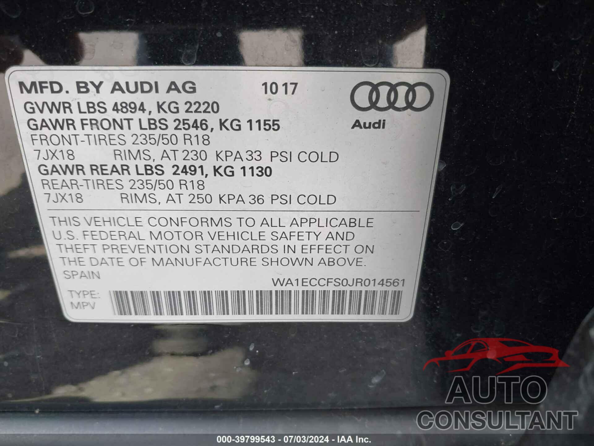 AUDI Q3 2018 - WA1ECCFS0JR014561