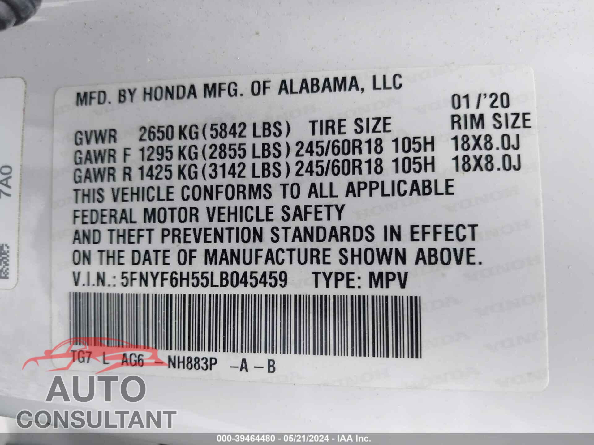 HONDA PILOT 2020 - 5FNYF6H55LB045459