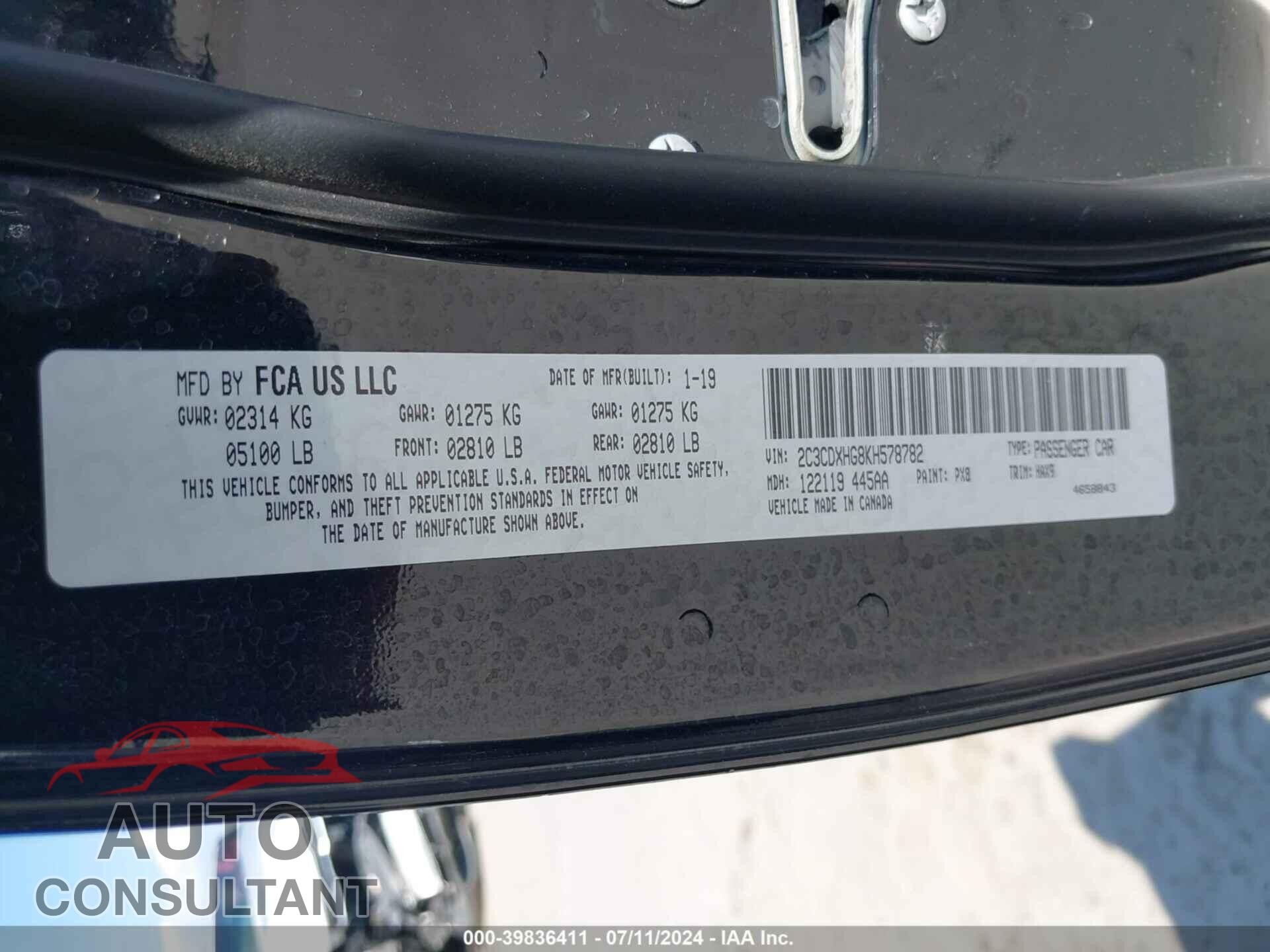 DODGE CHARGER 2019 - 2C3CDXHG8KH578782