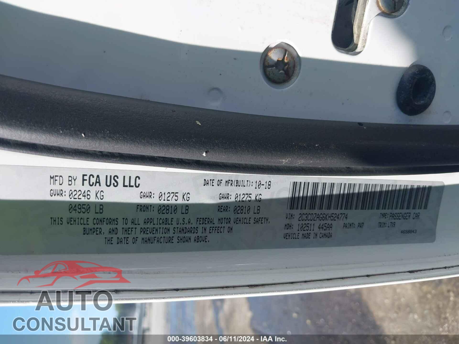 DODGE CHALLENGER 2019 - 2C3CDZAG6KH524774