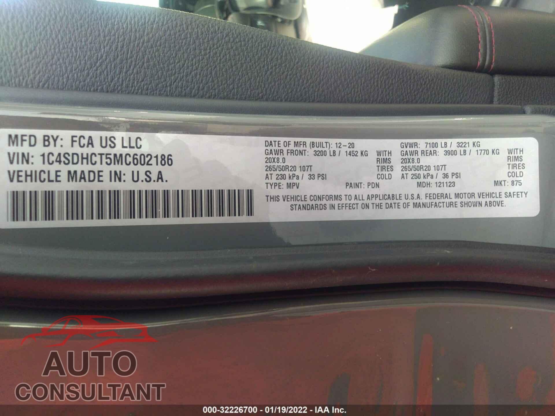 DODGE DURANGO 2021 - 1C4SDHCT5MC602186