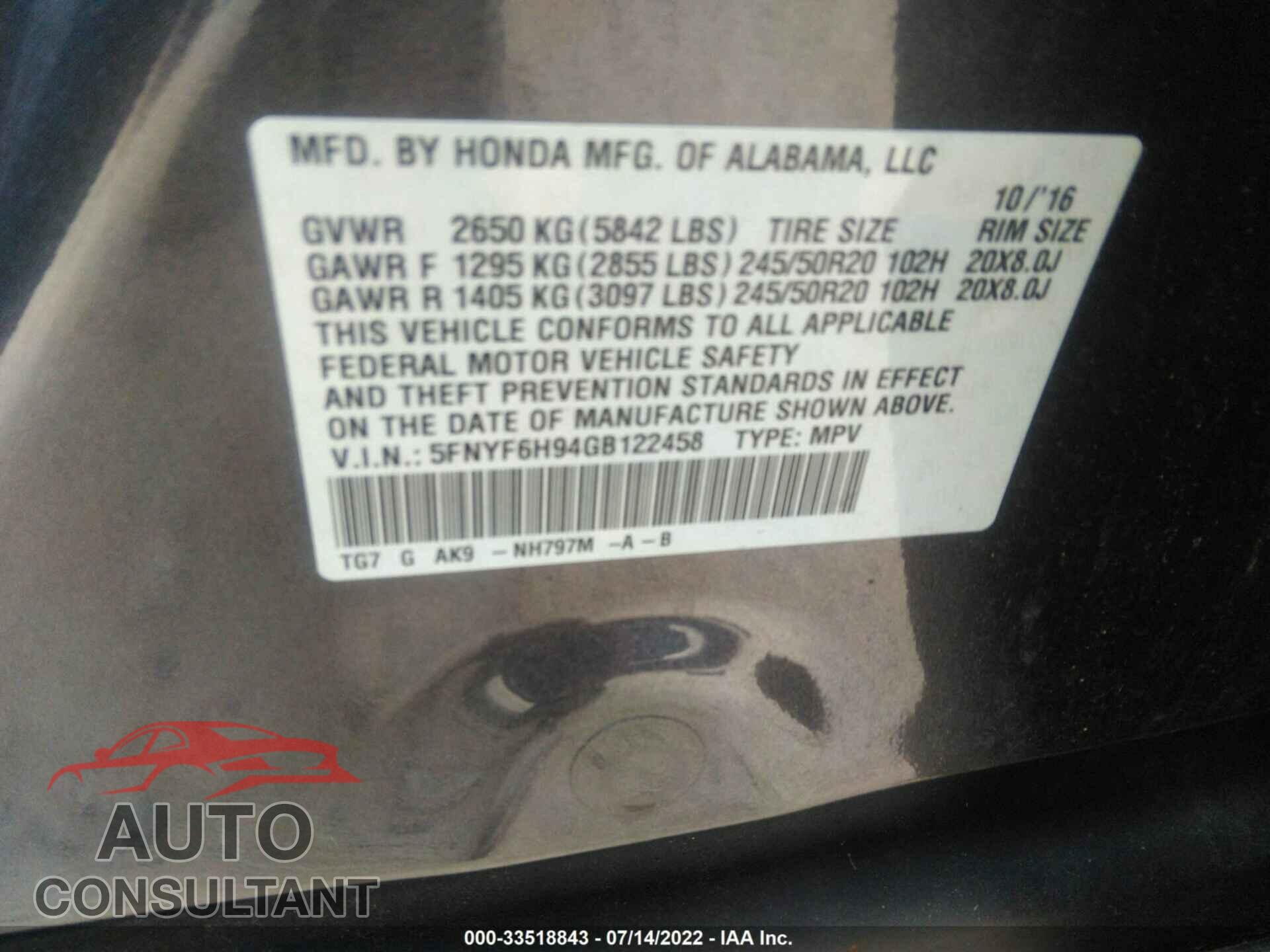 HONDA PILOT 2016 - 5FNYF6H94GB122458