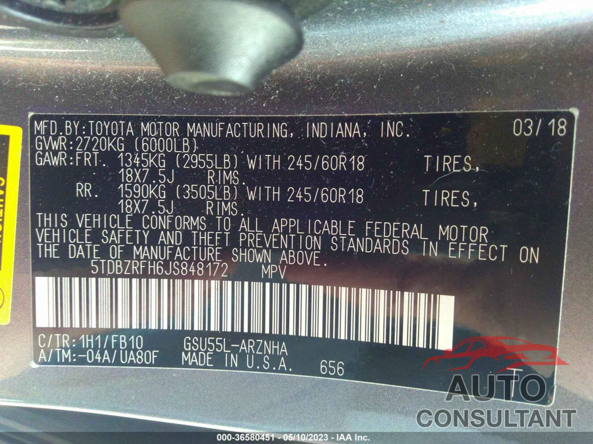 TOYOTA HIGHLANDER 2018 - 5TDBZRFH6JS848172