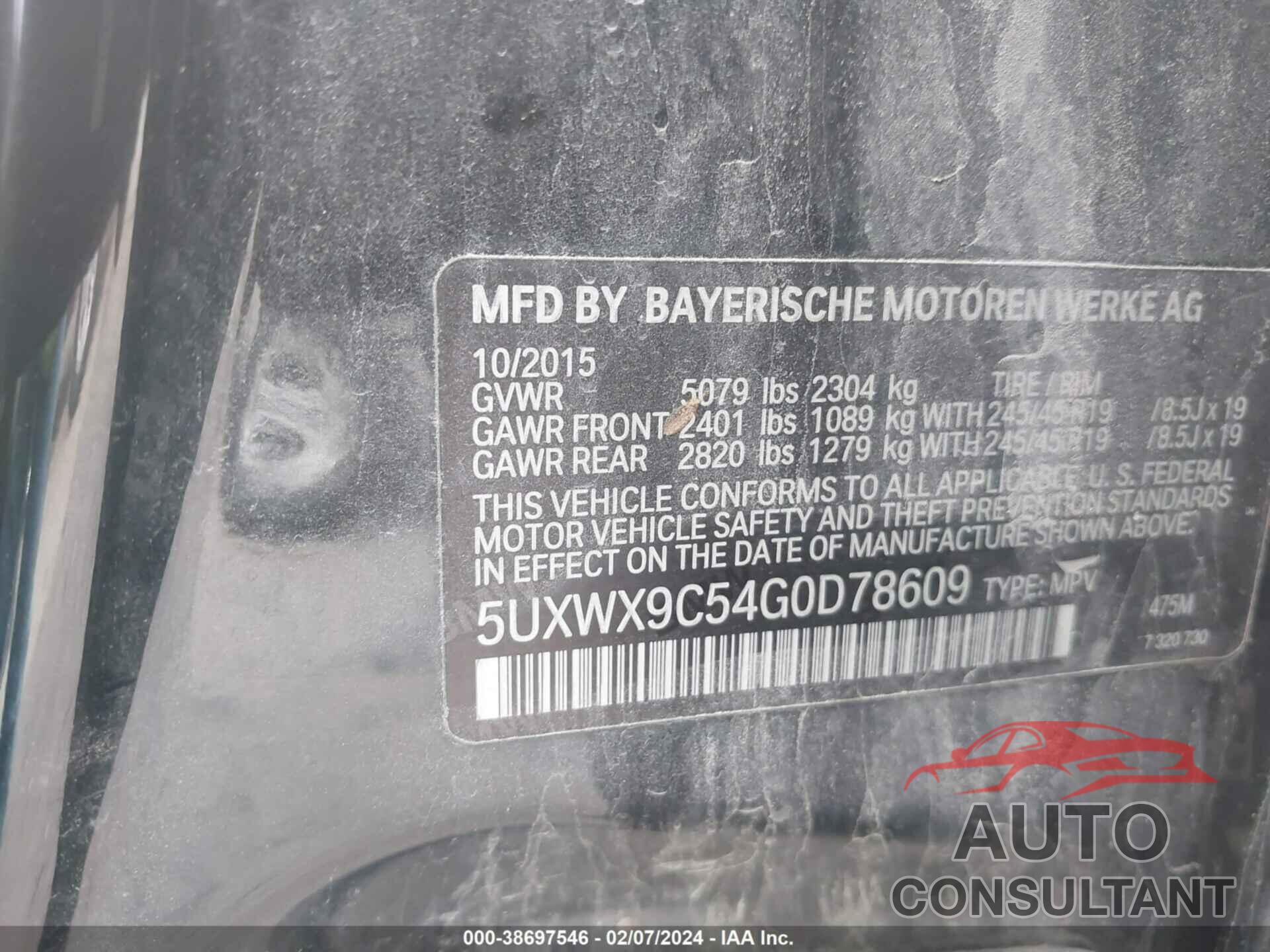 BMW X3 2016 - 5UXWX9C54G0D78609