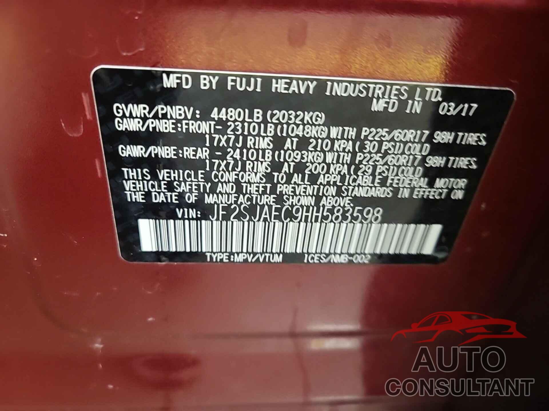SUBARU FORESTER 2017 - JF2SJAEC9HH583598