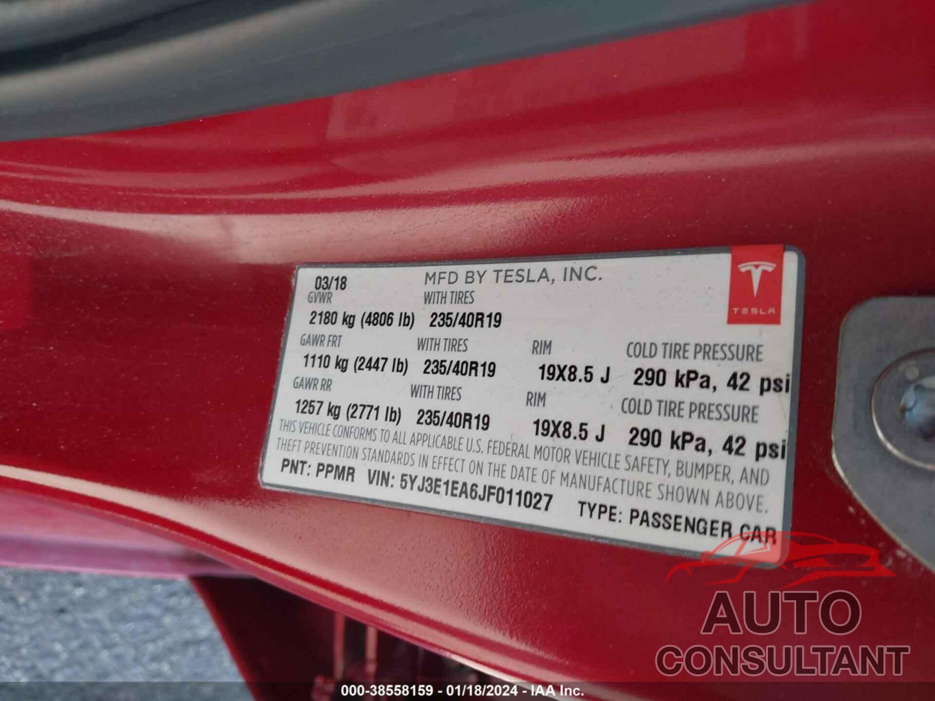 TESLA MODEL 3 2018 - 5YJ3E1EA6JF011027