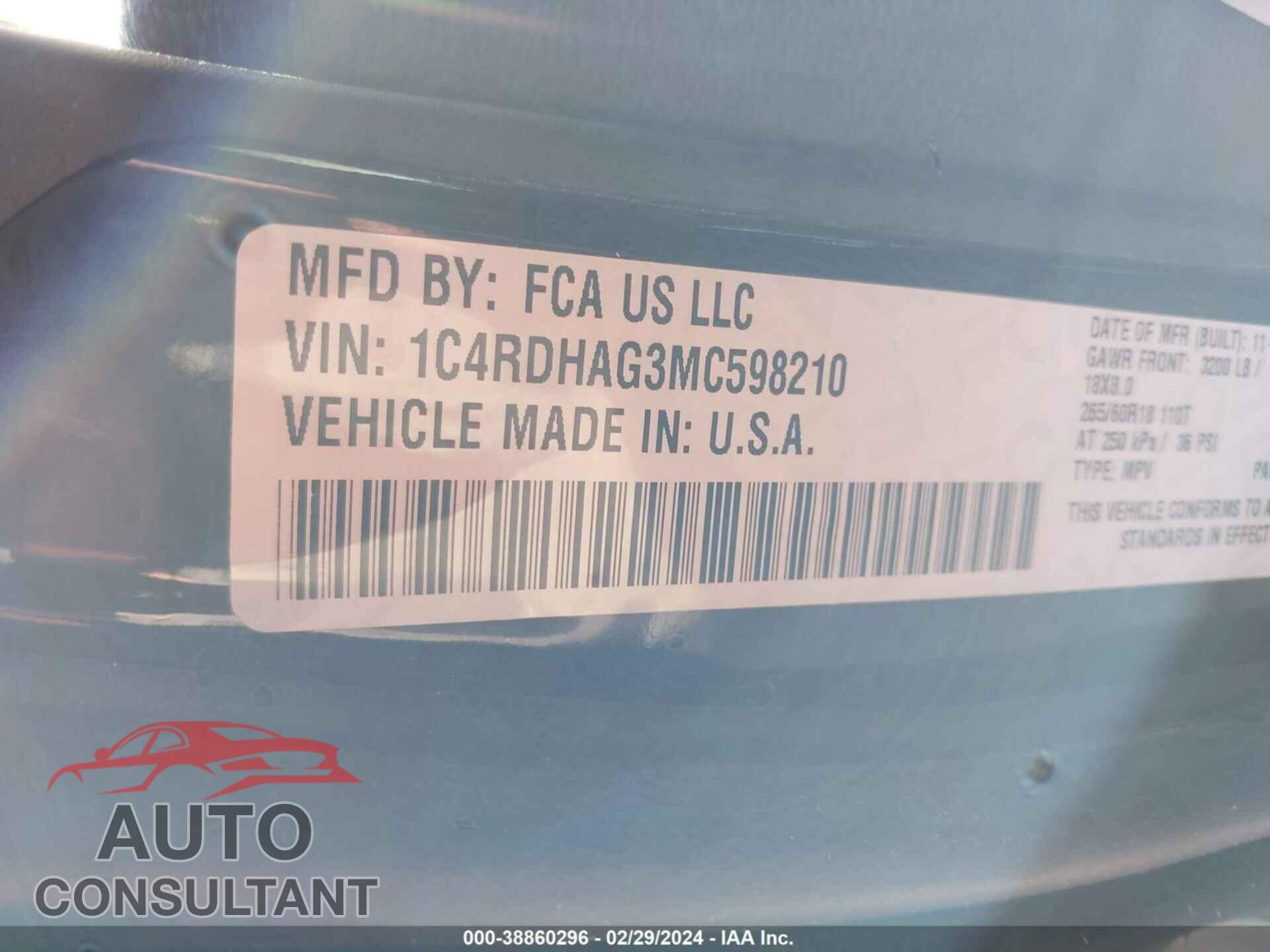 DODGE DURANGO 2021 - 1C4RDHAG3MC598210