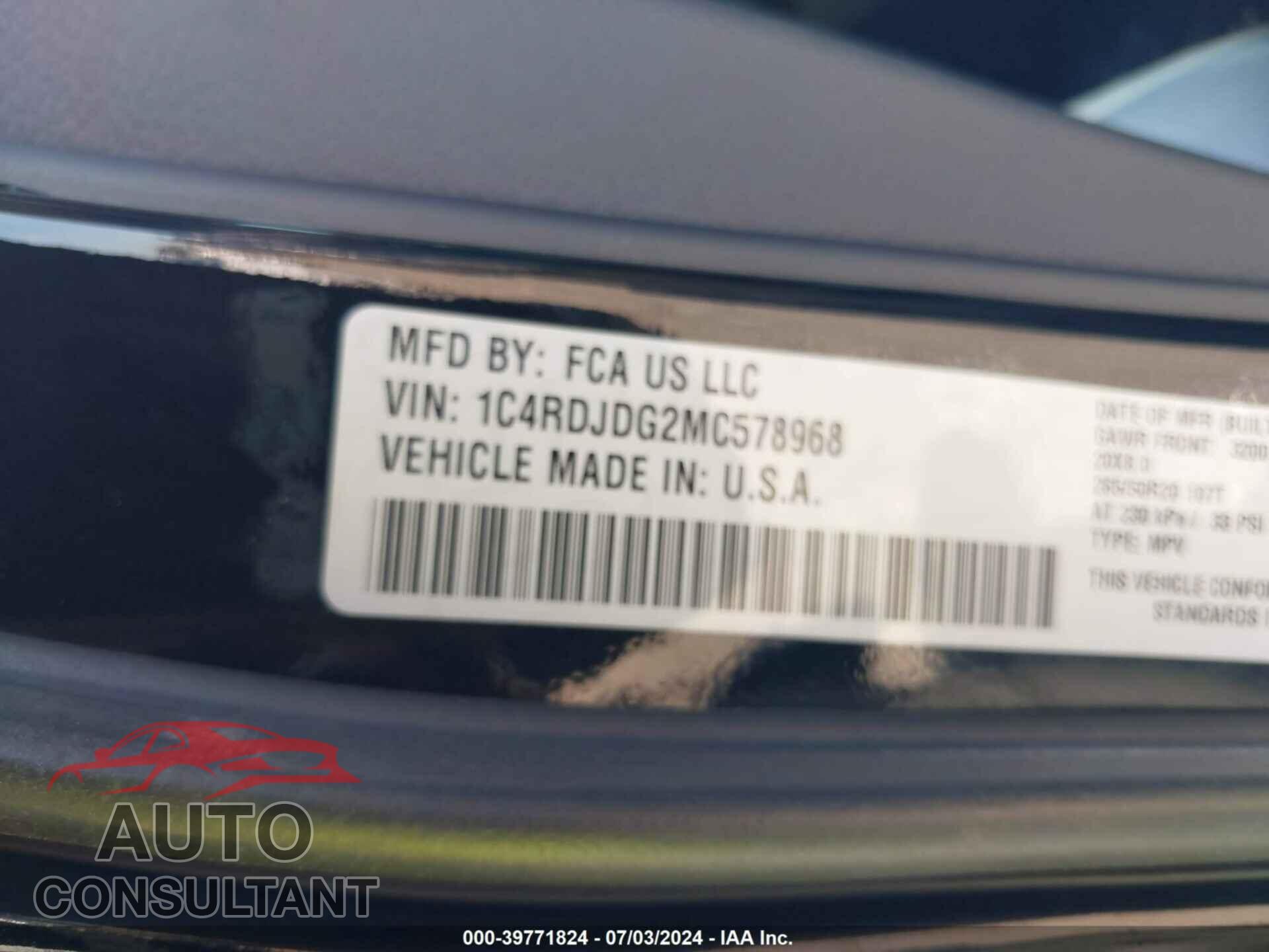 DODGE DURANGO 2021 - 1C4RDJDG2MC578968