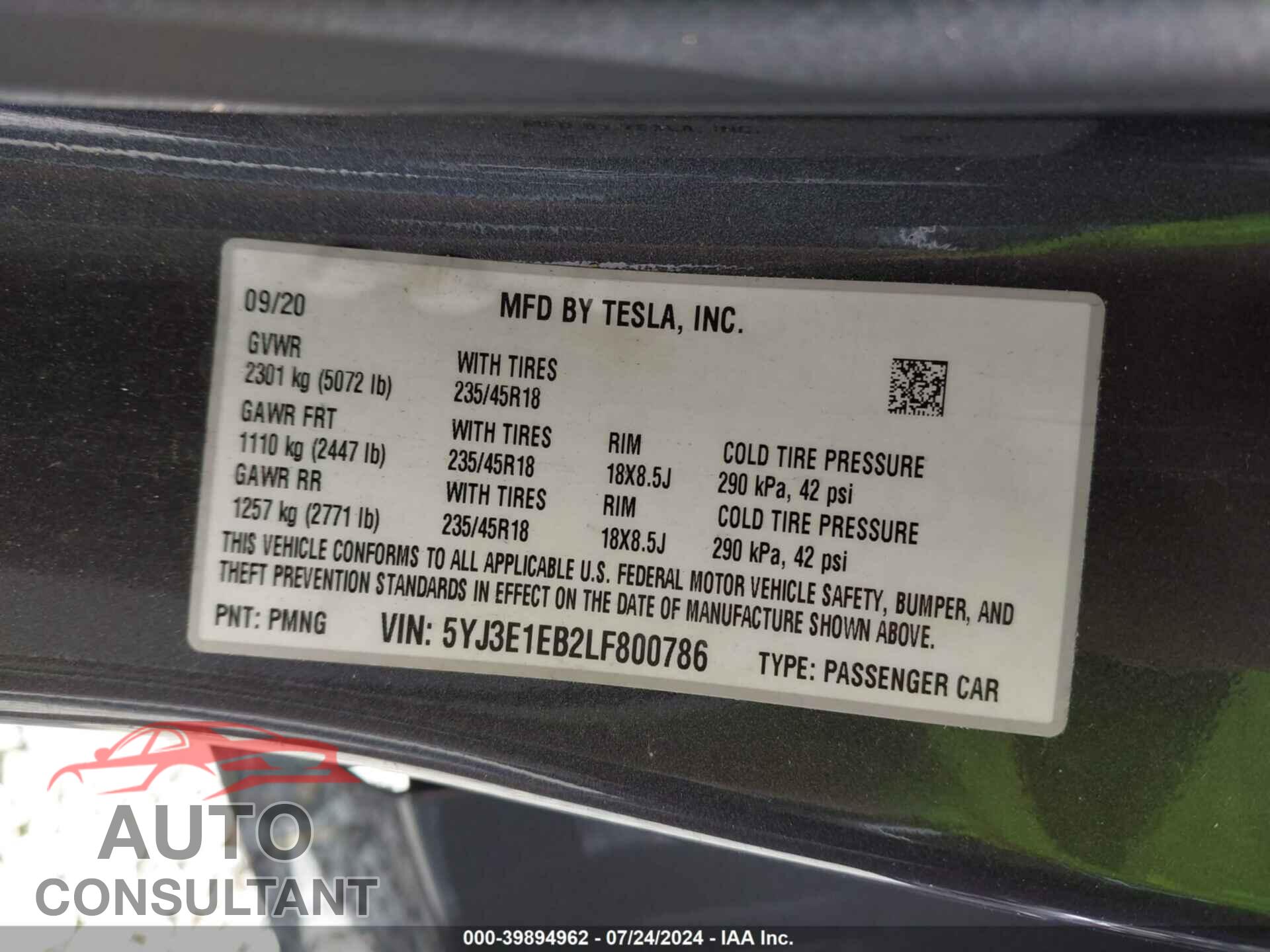 TESLA MODEL 3 2020 - 5YJ3E1EB2LF800786