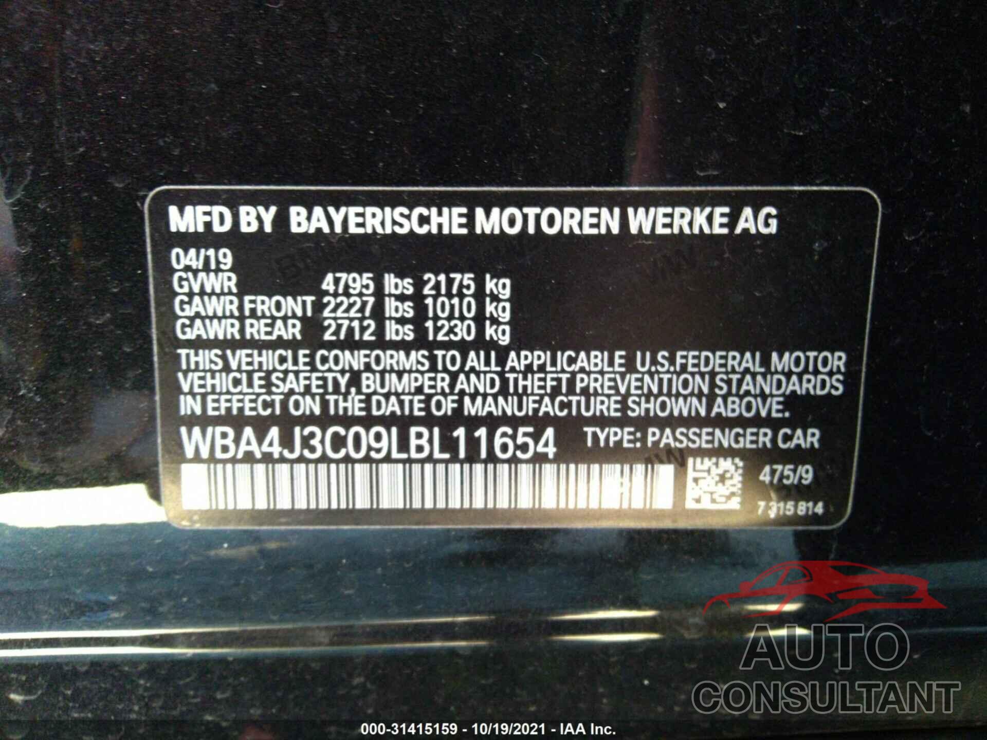 BMW 4 SERIES 2020 - WBA4J3C09LBL11654