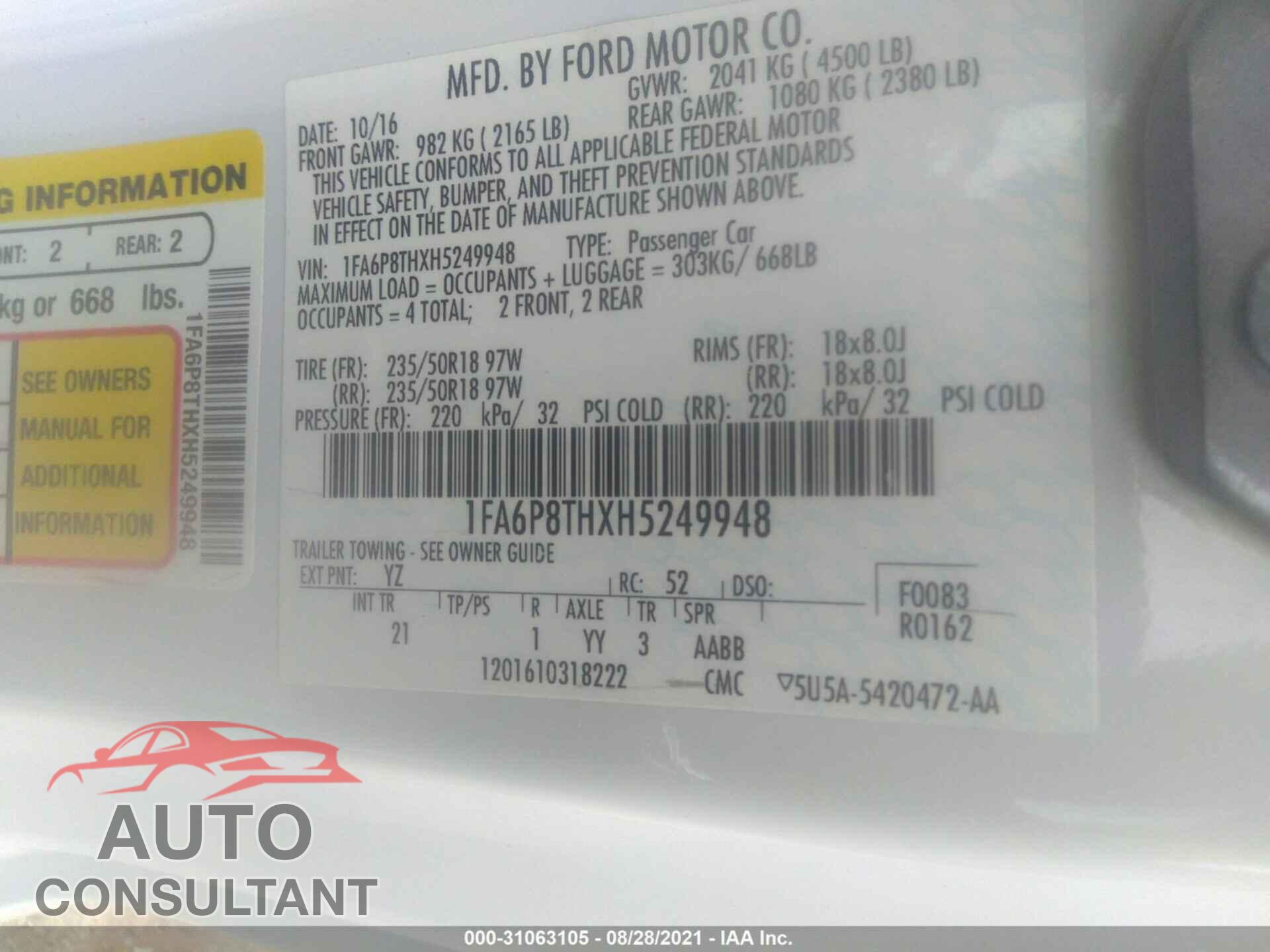 FORD MUSTANG 2017 - 1FA6P8THXH5249948