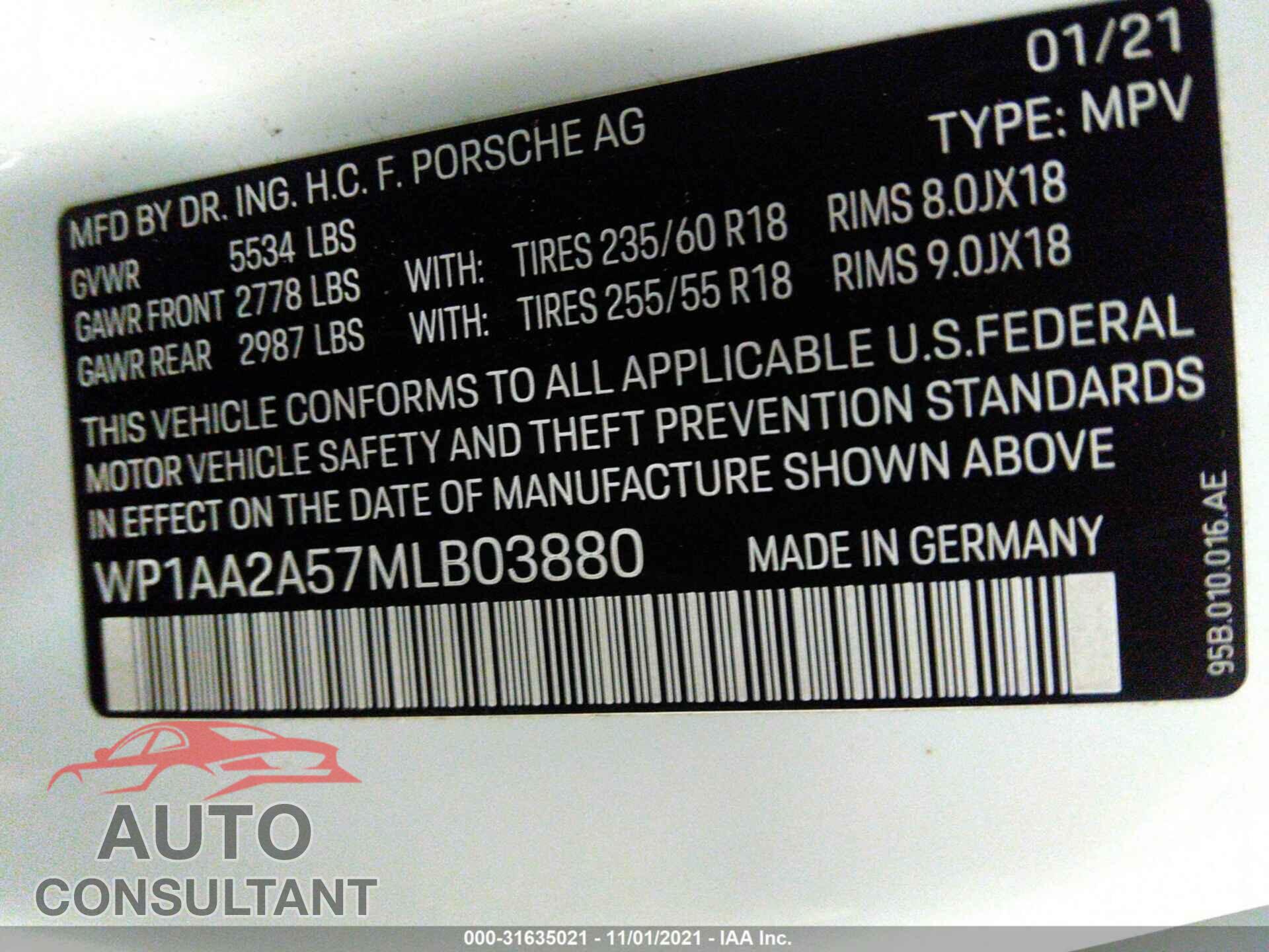 PORSCHE MACAN 2021 - WP1AA2A57MLB03880
