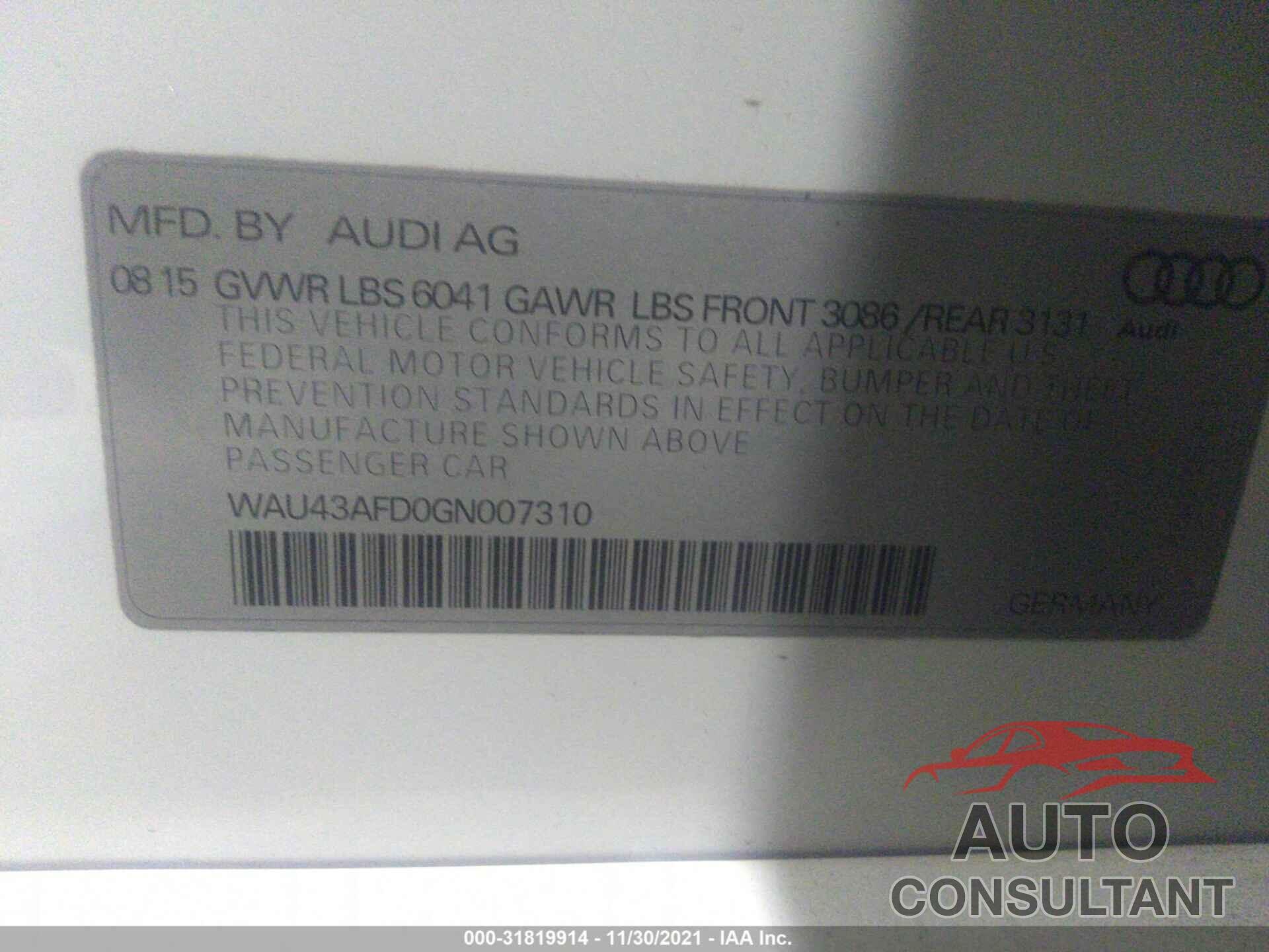 AUDI A8 L 2016 - WAU43AFD0GN007310