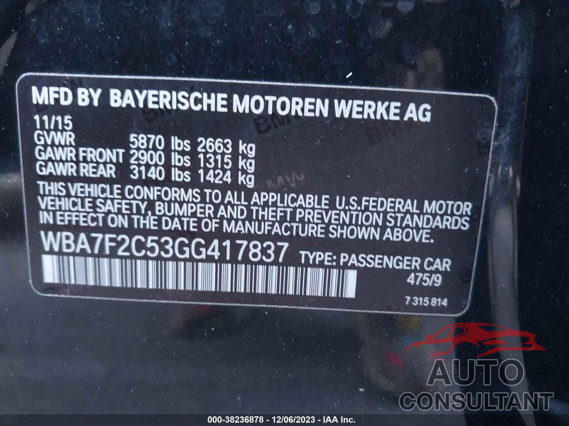 BMW 750I 2016 - WBA7F2C53GG417837