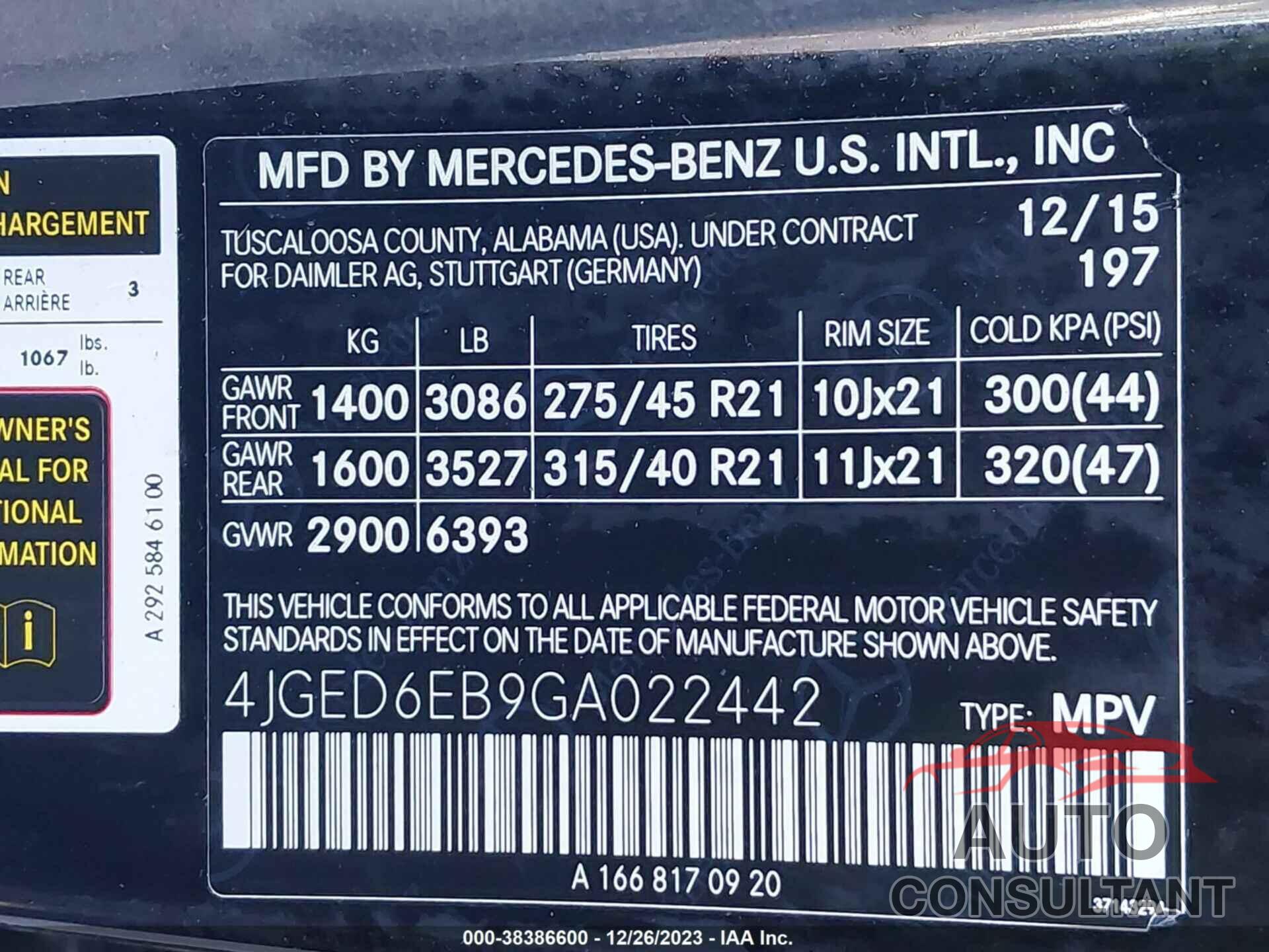 MERCEDES-BENZ GLE 450 AMG COUPE 2016 - 4JGED6EB9GA022442