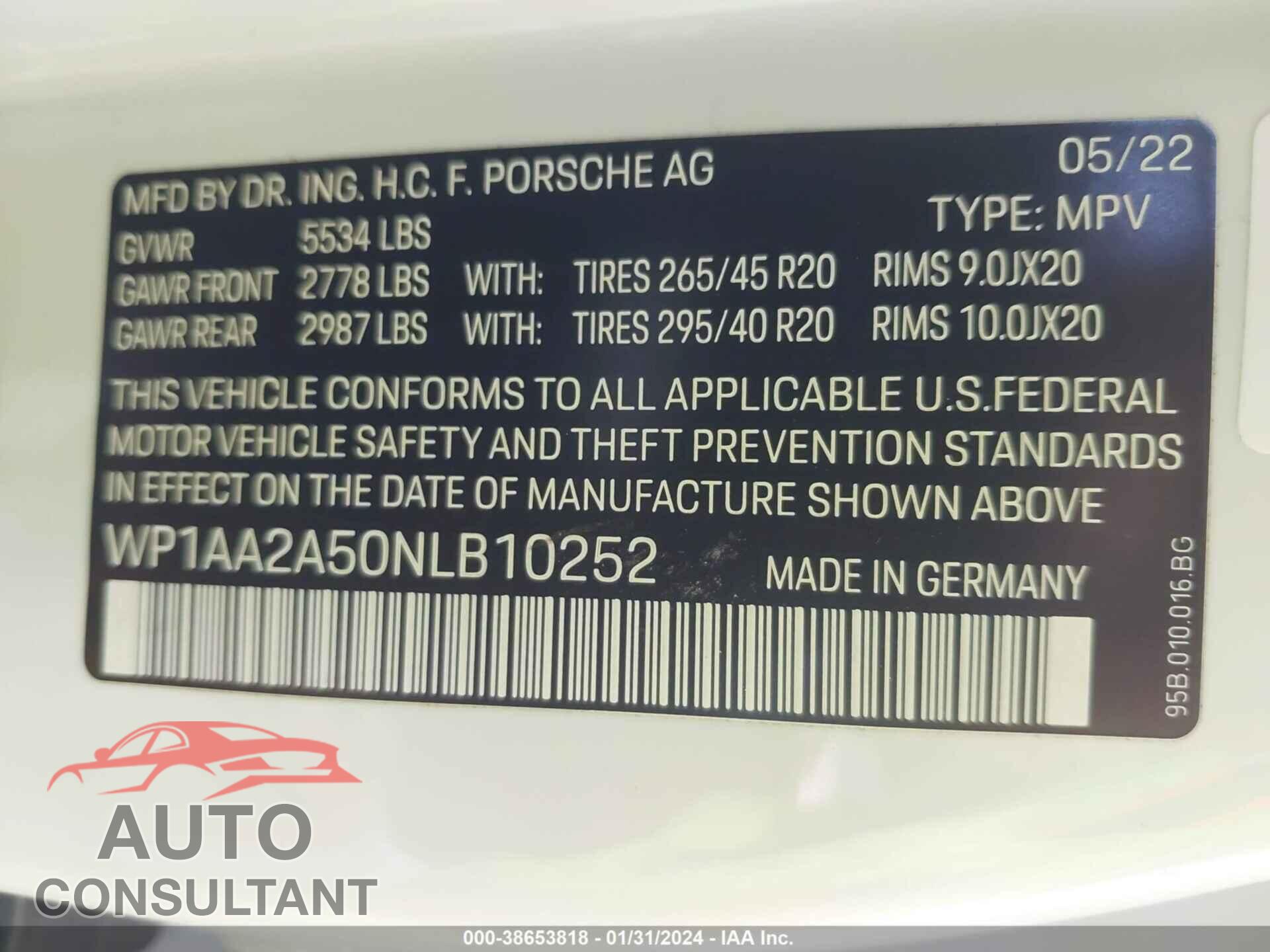 PORSCHE MACAN 2022 - WP1AA2A50NLB10252