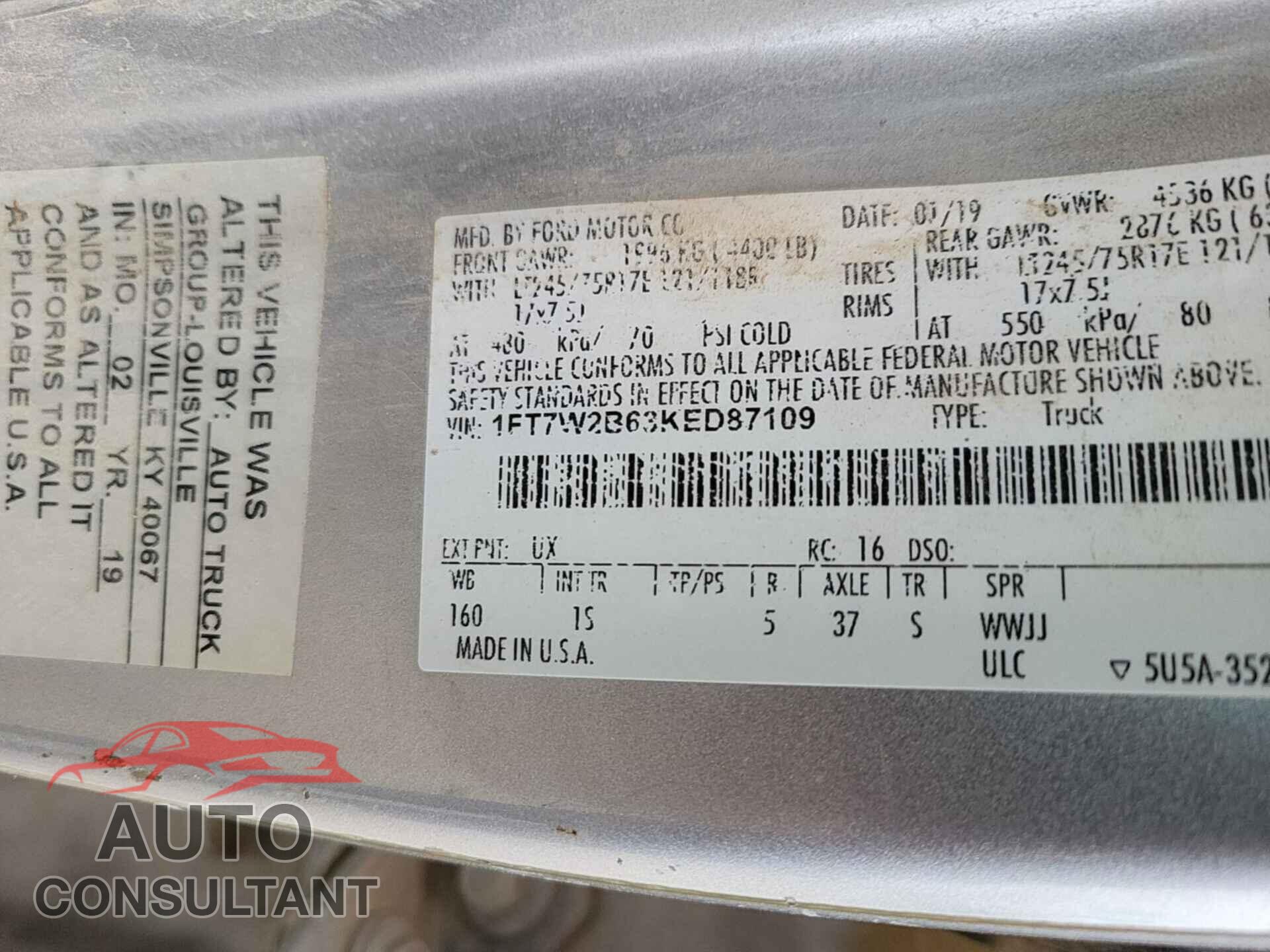 FORD F-250 2019 - 1FT7W2B63KED87109